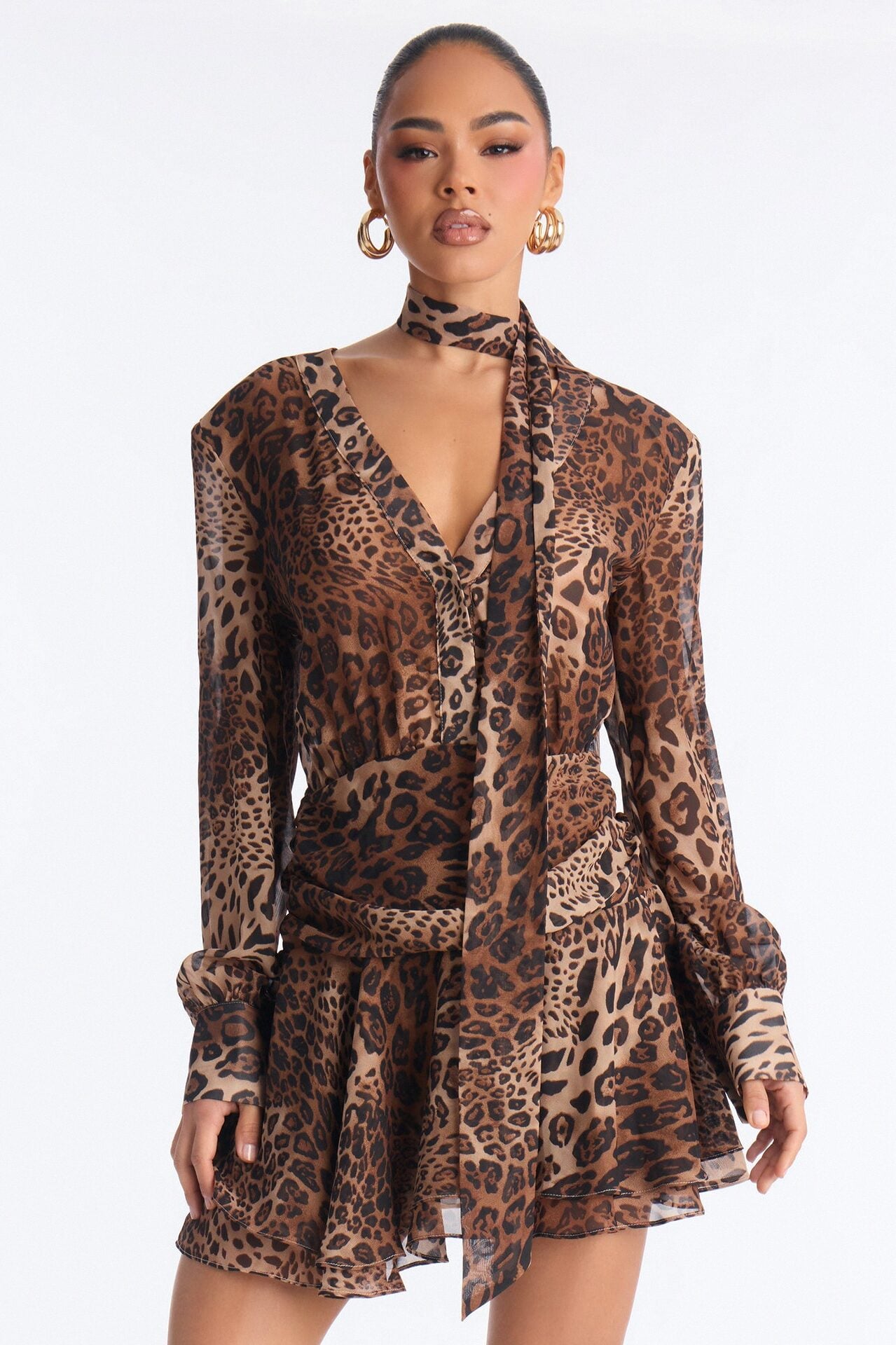 Kerra Long Sleeve Chiffon Mini Dress - Leopard image 3