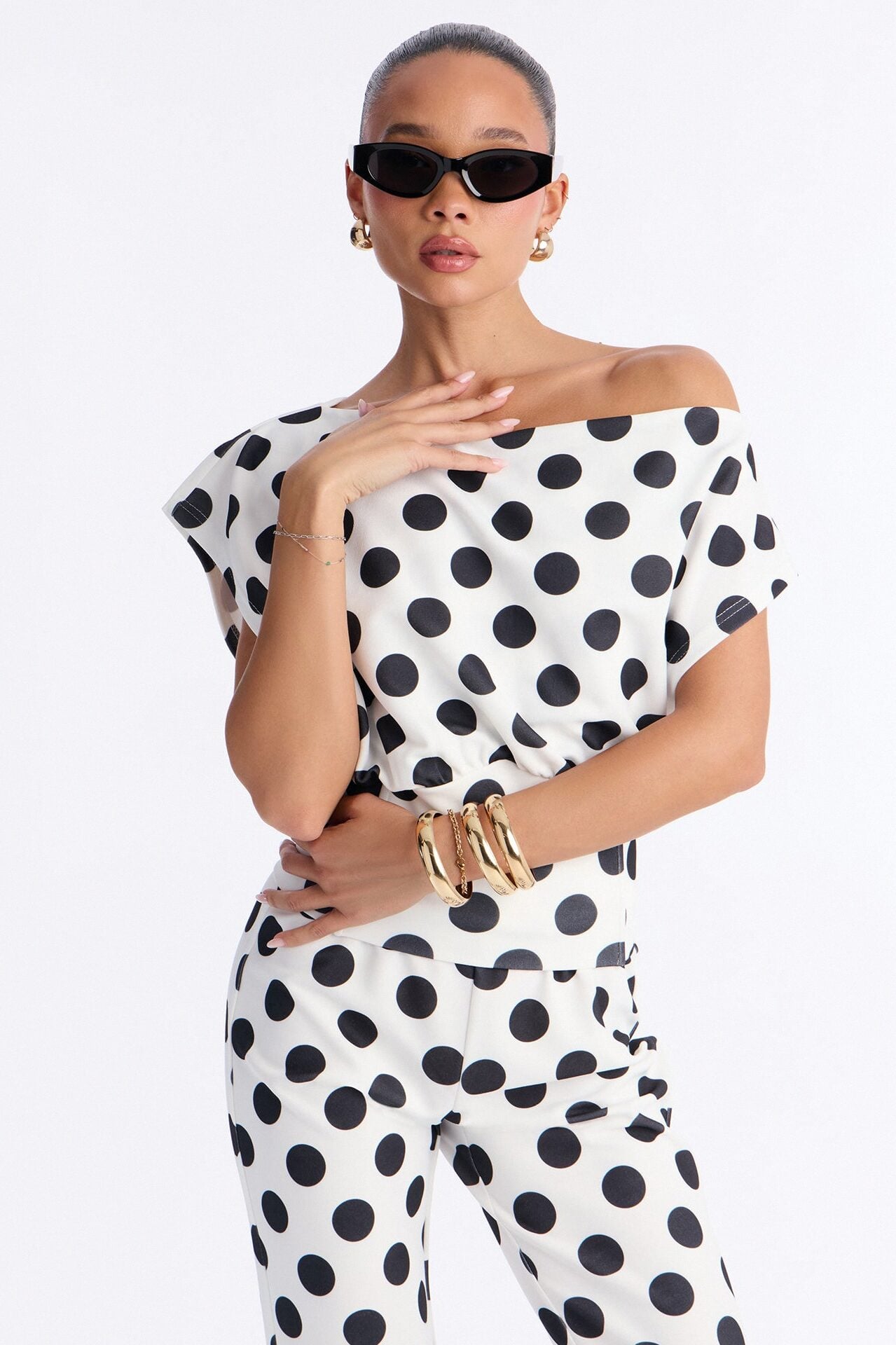 Lily Polka Dot Off Shoulder Pant Set - White/Black image 2