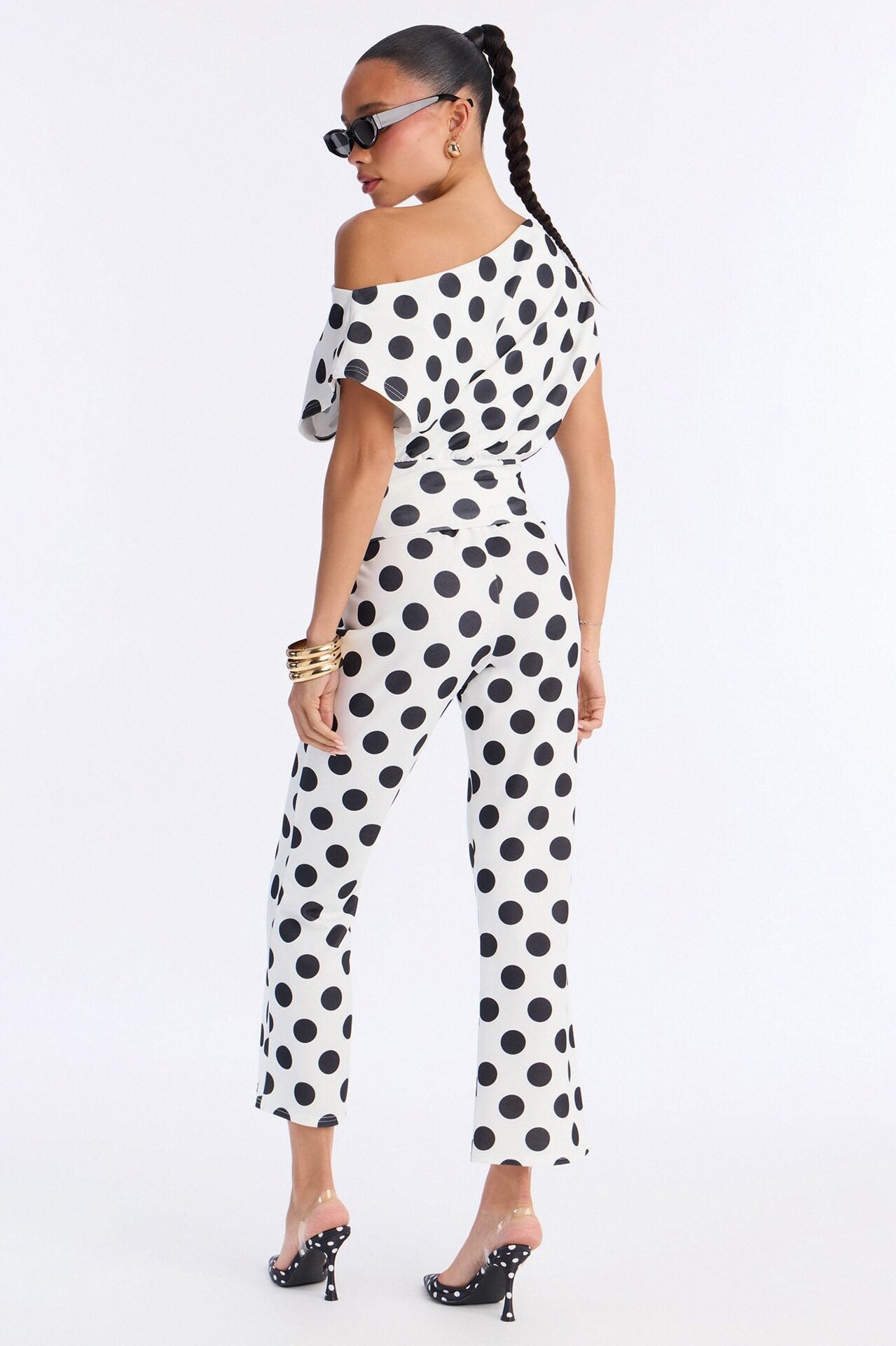Lily Polka Dot Off Shoulder Pant Set - White/Black image 4