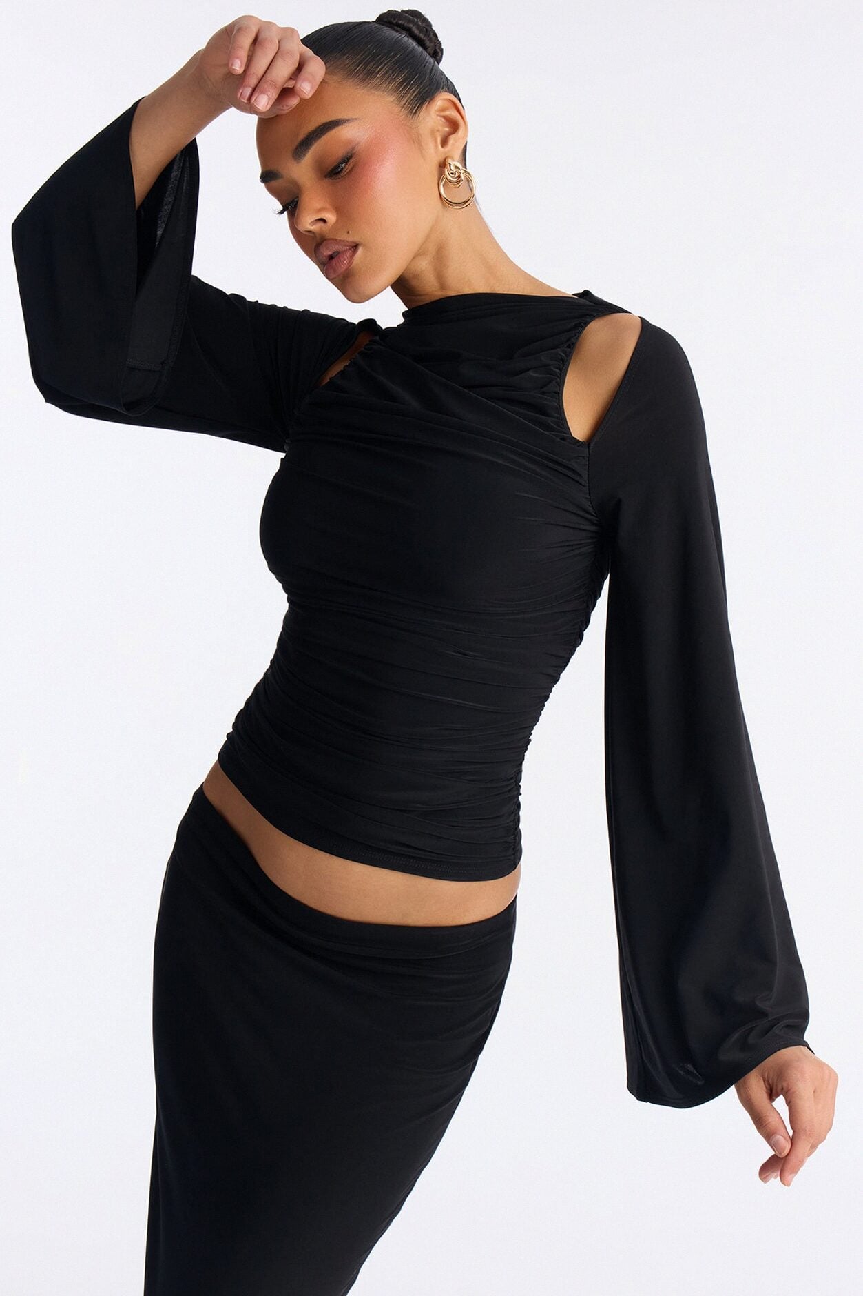 Carlita Ruched High Neck Maxi Skirt Set - Black image 3