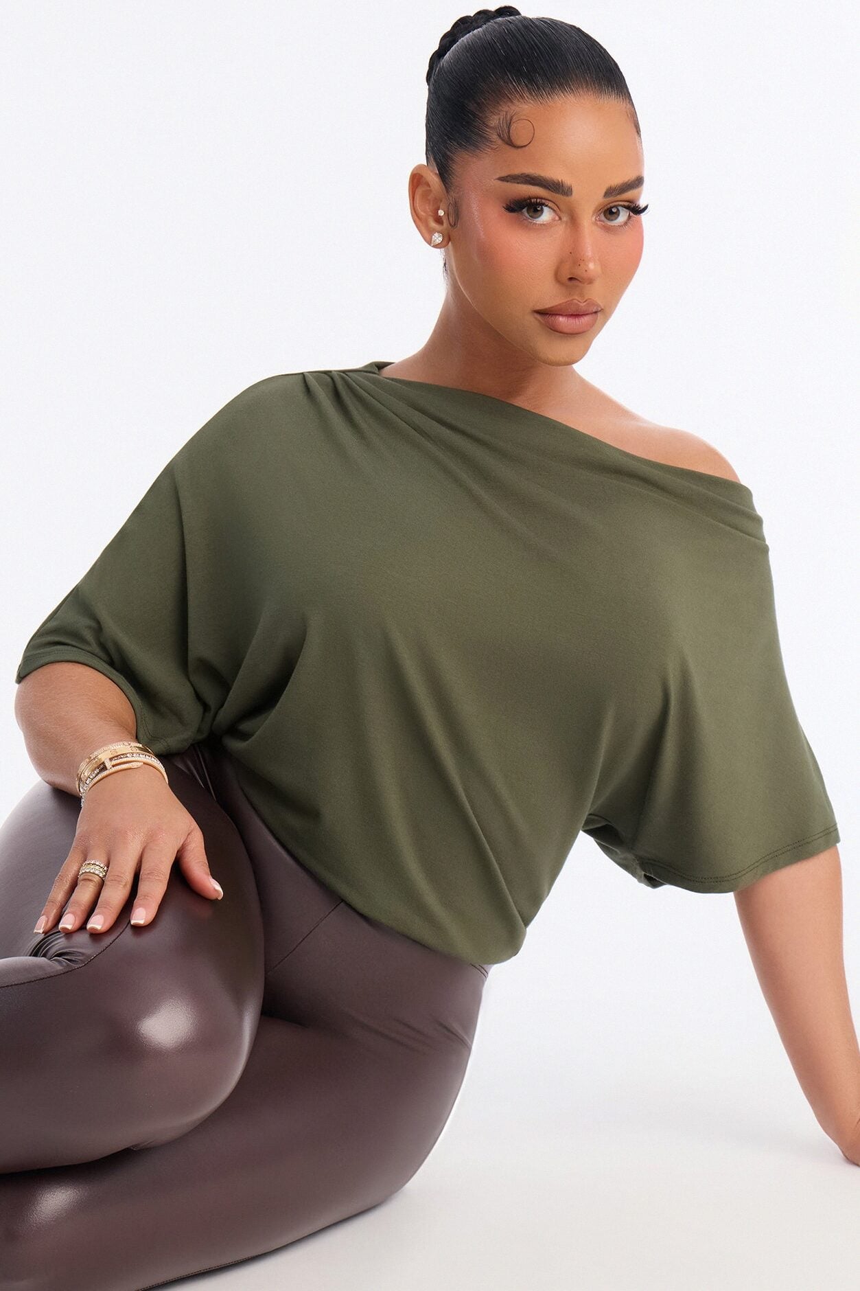 Flatter Me Off Shoulder Bodysuit - Olive image 3