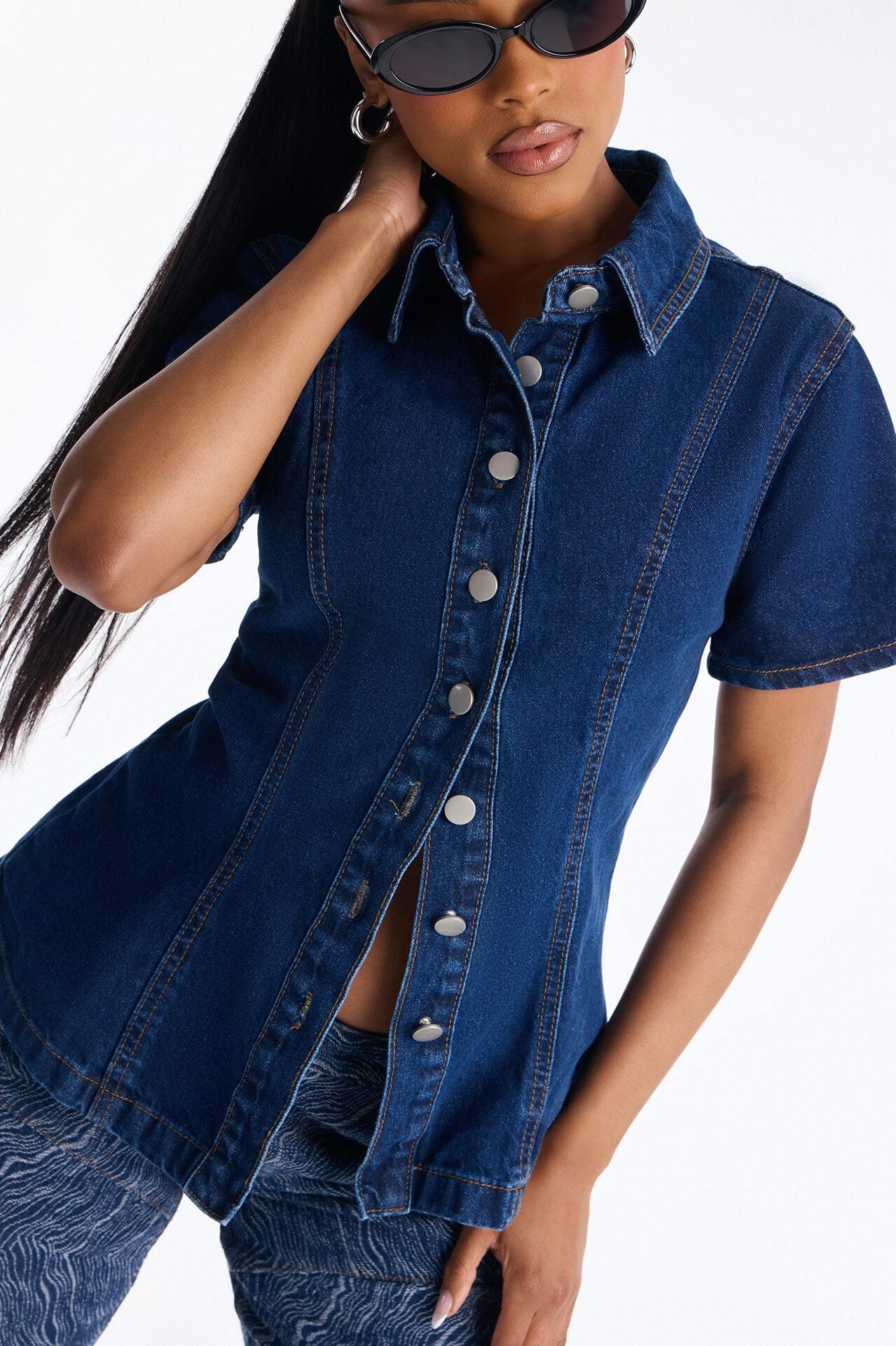 Nina Cinched Waist Denim Shirt - Indigo image 3