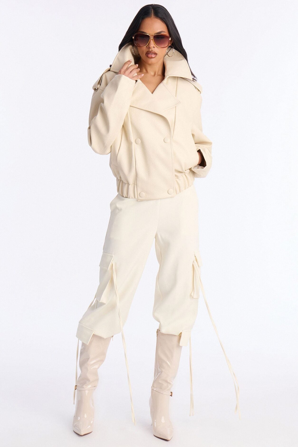 Adrienne Double Breasted Faux Leather Jacket - Bone image 2