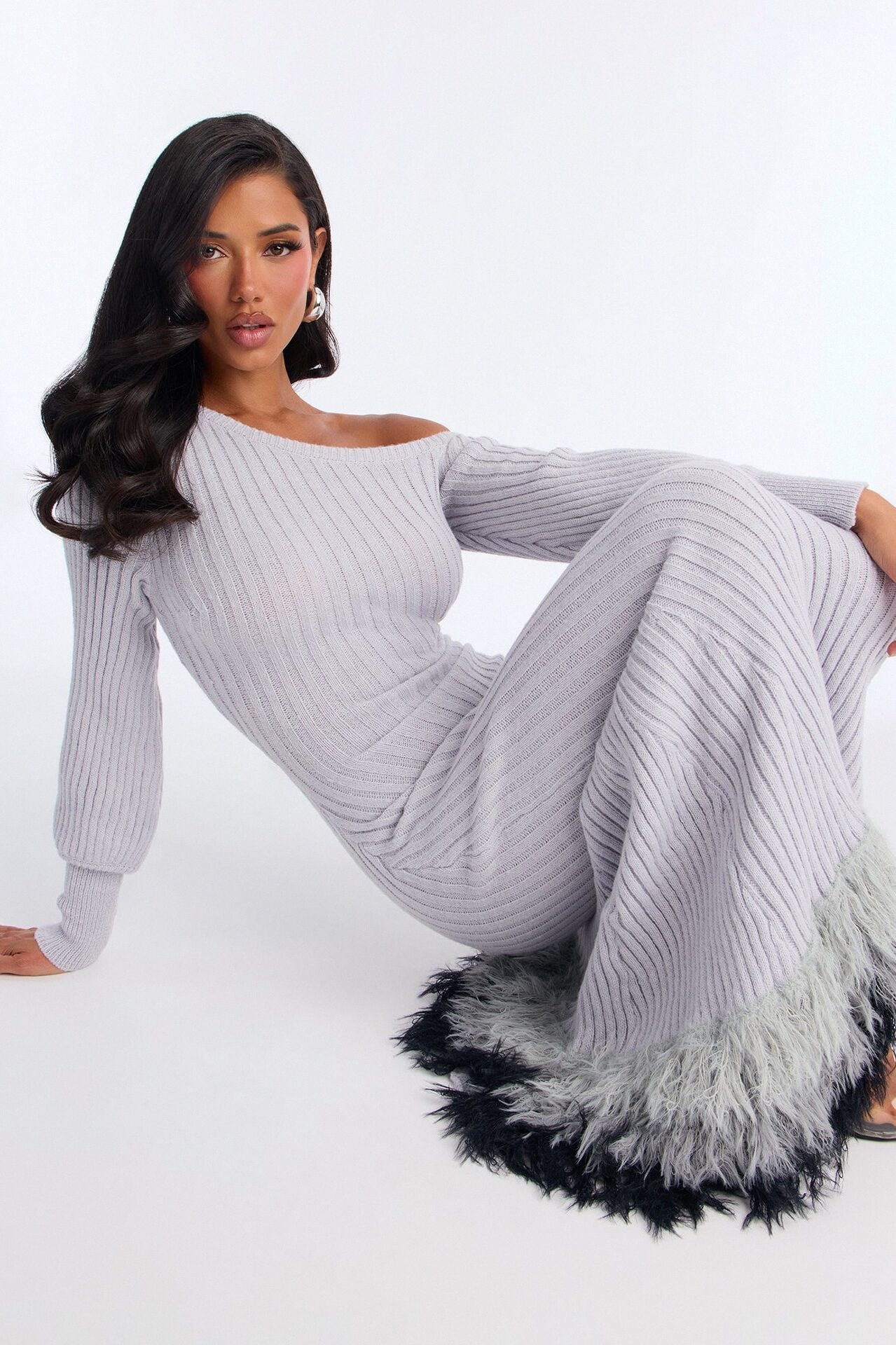 Stop And Stare Fur Trim Sweater Maxi Dress - Grey image 2