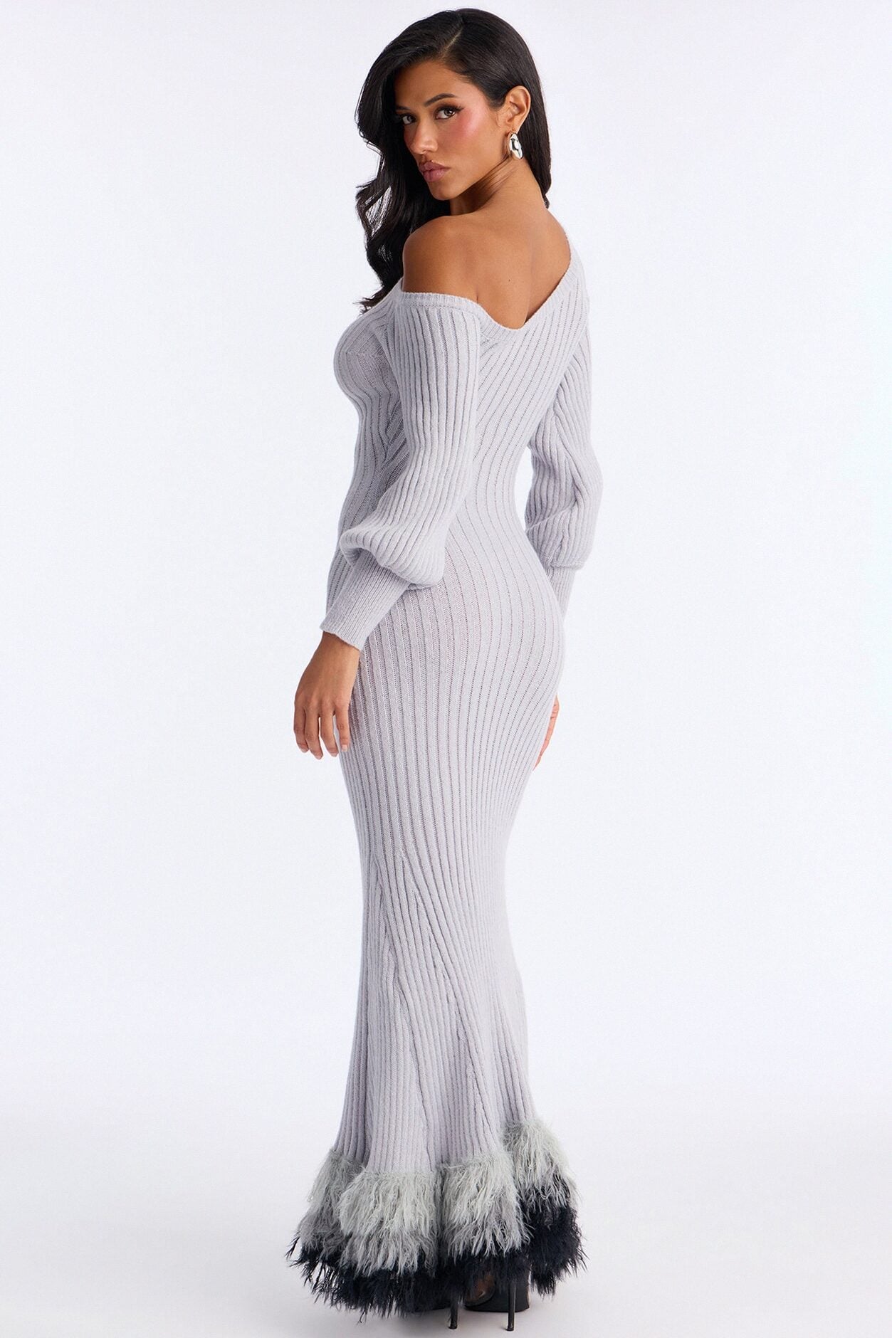 Stop And Stare Fur Trim Sweater Maxi Dress - Grey image 4