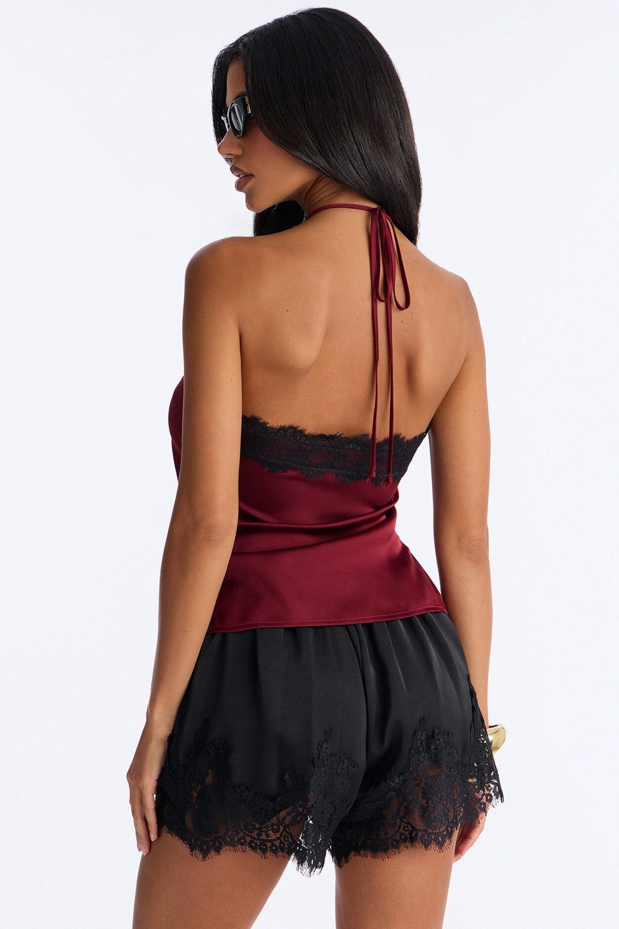 Jayde Satin Lace Detail Halter Top - DarkRed image 4