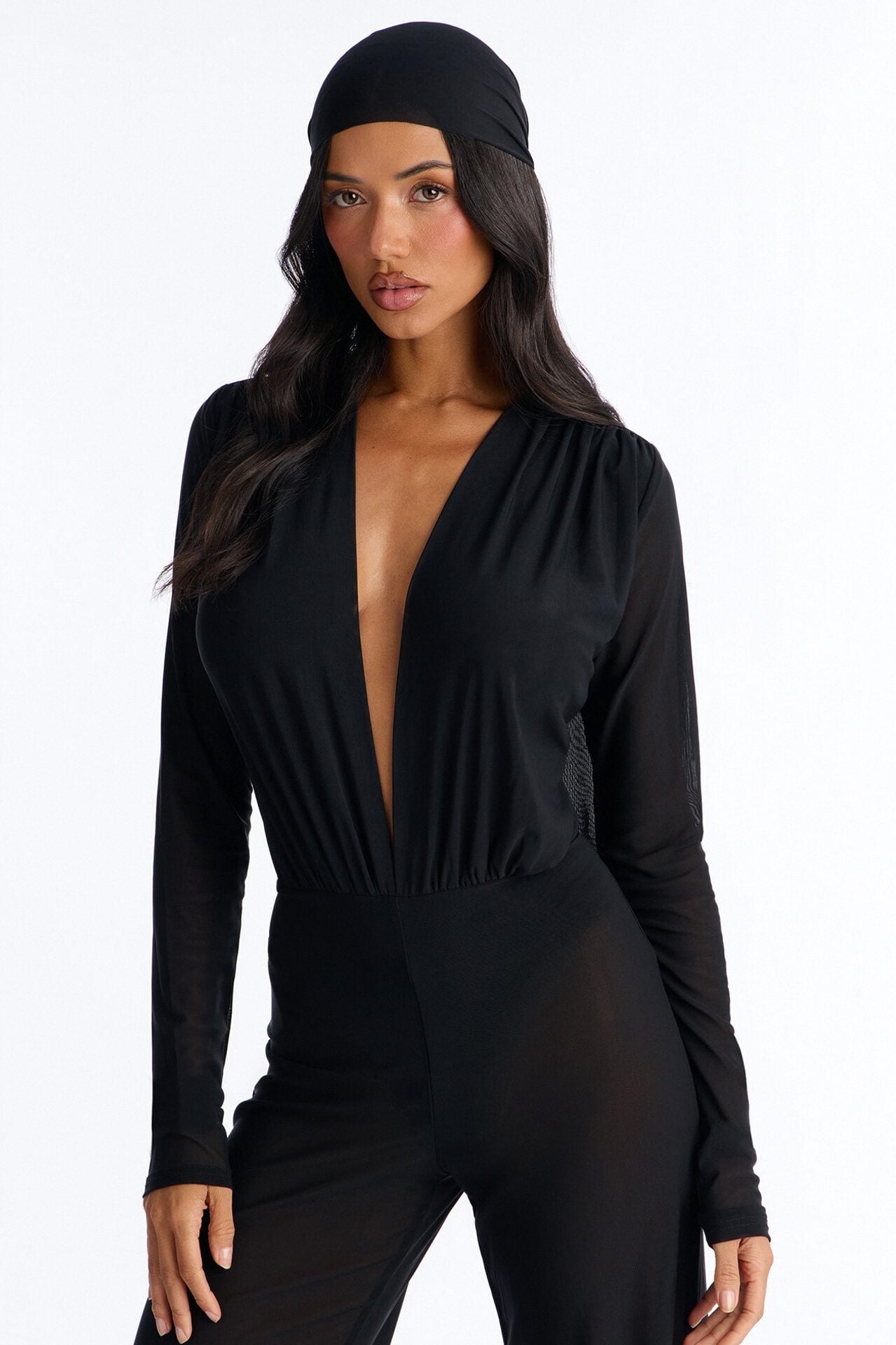 Sara Plunge Neck Jumpsuit And Headscarf 2 Piece Set - Black image 2