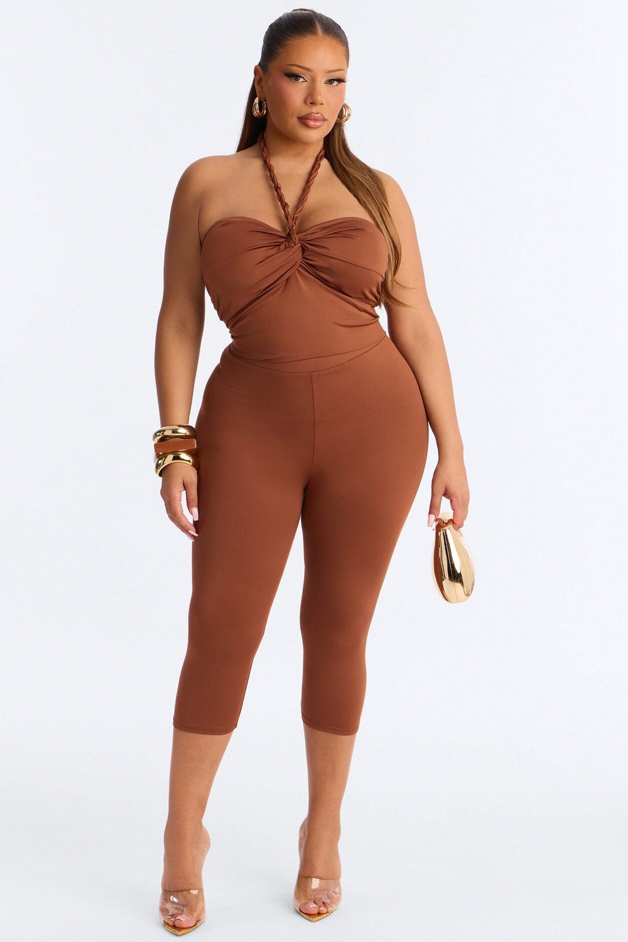Bianca Braided Halter Capri Set - Brown image 1