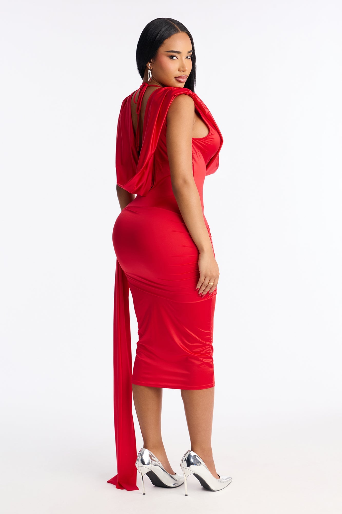 Gaia Ruched Draped Satin Midi Dress - Red image 3
