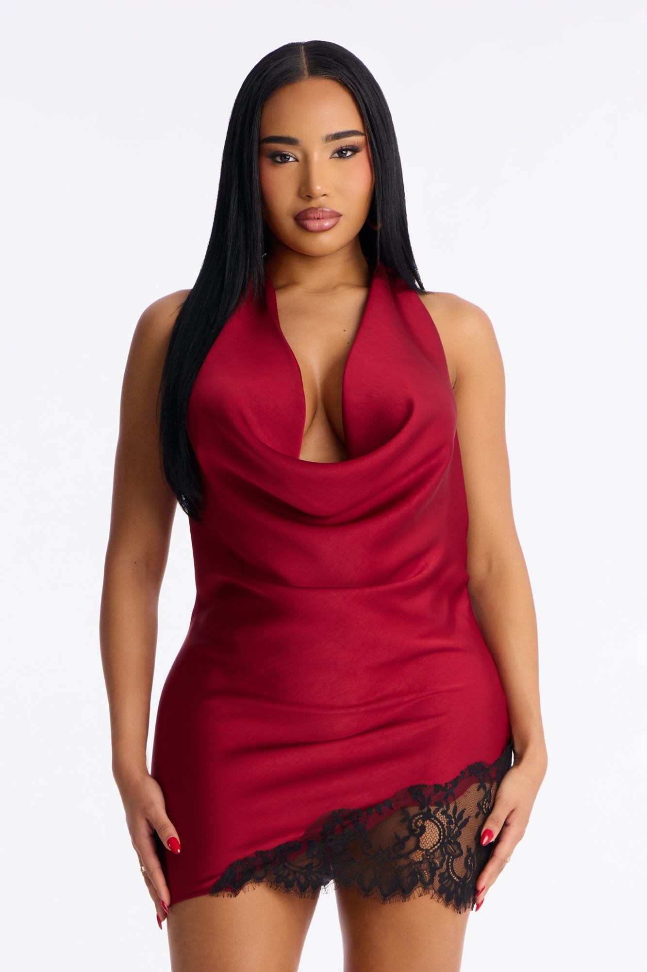 Selena Lace Trim Satin Mini Dress - Wine image 5
