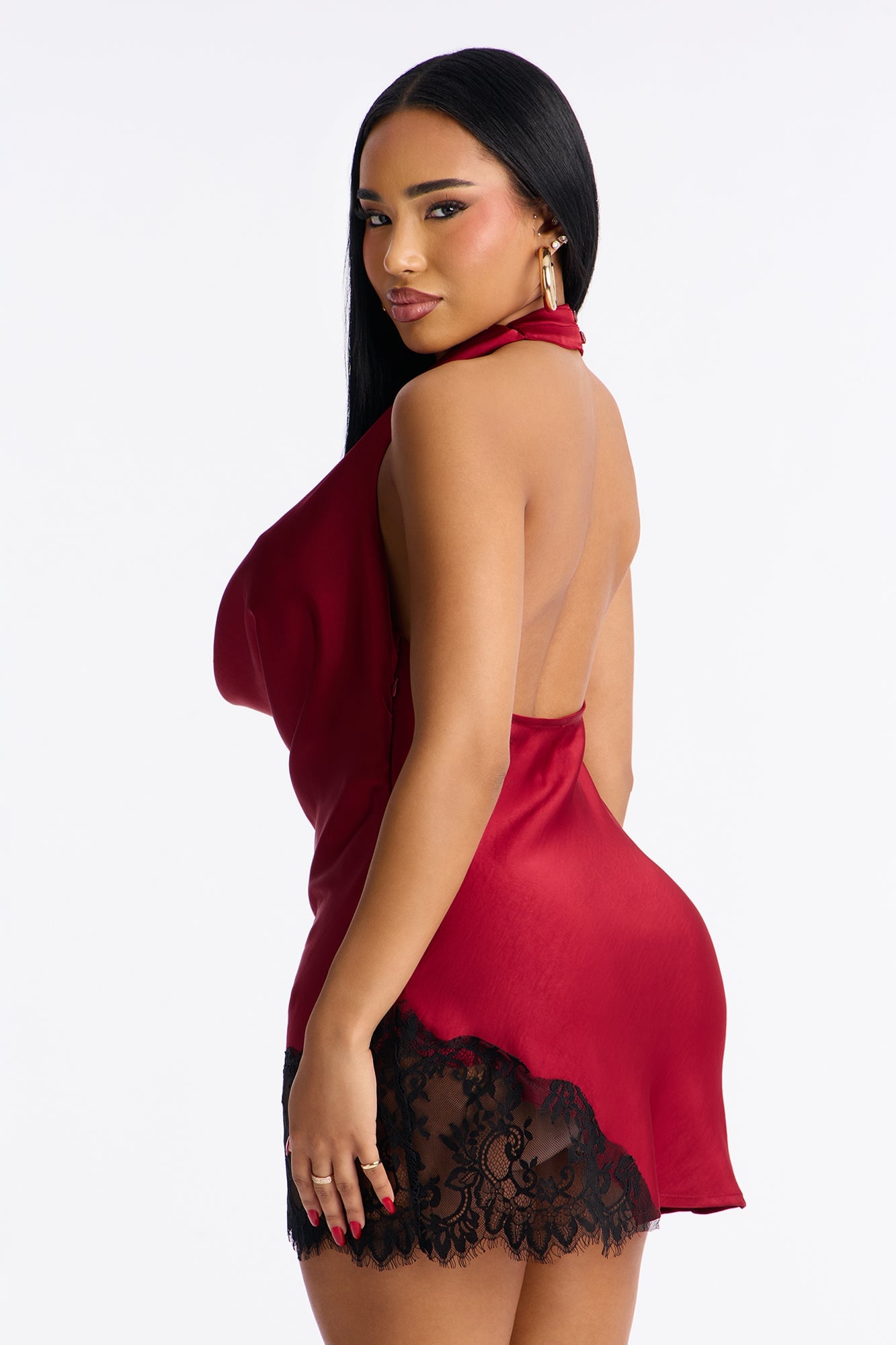 Selena Lace Trim Satin Mini Dress - Wine image 7
