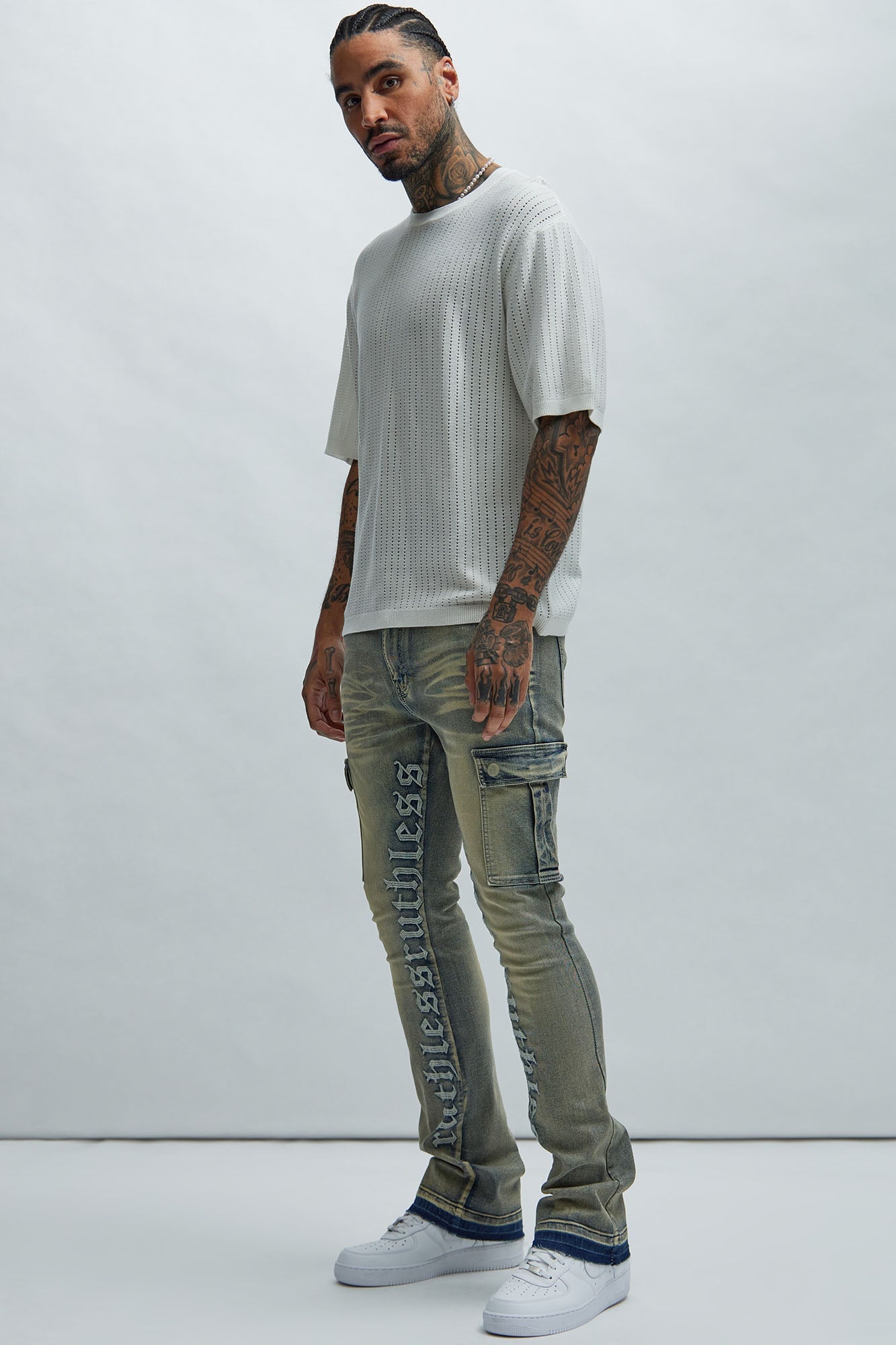 Ruthless Embroidered Stacked Skinny Cargo Flare Jeans - Medium Wash image 6