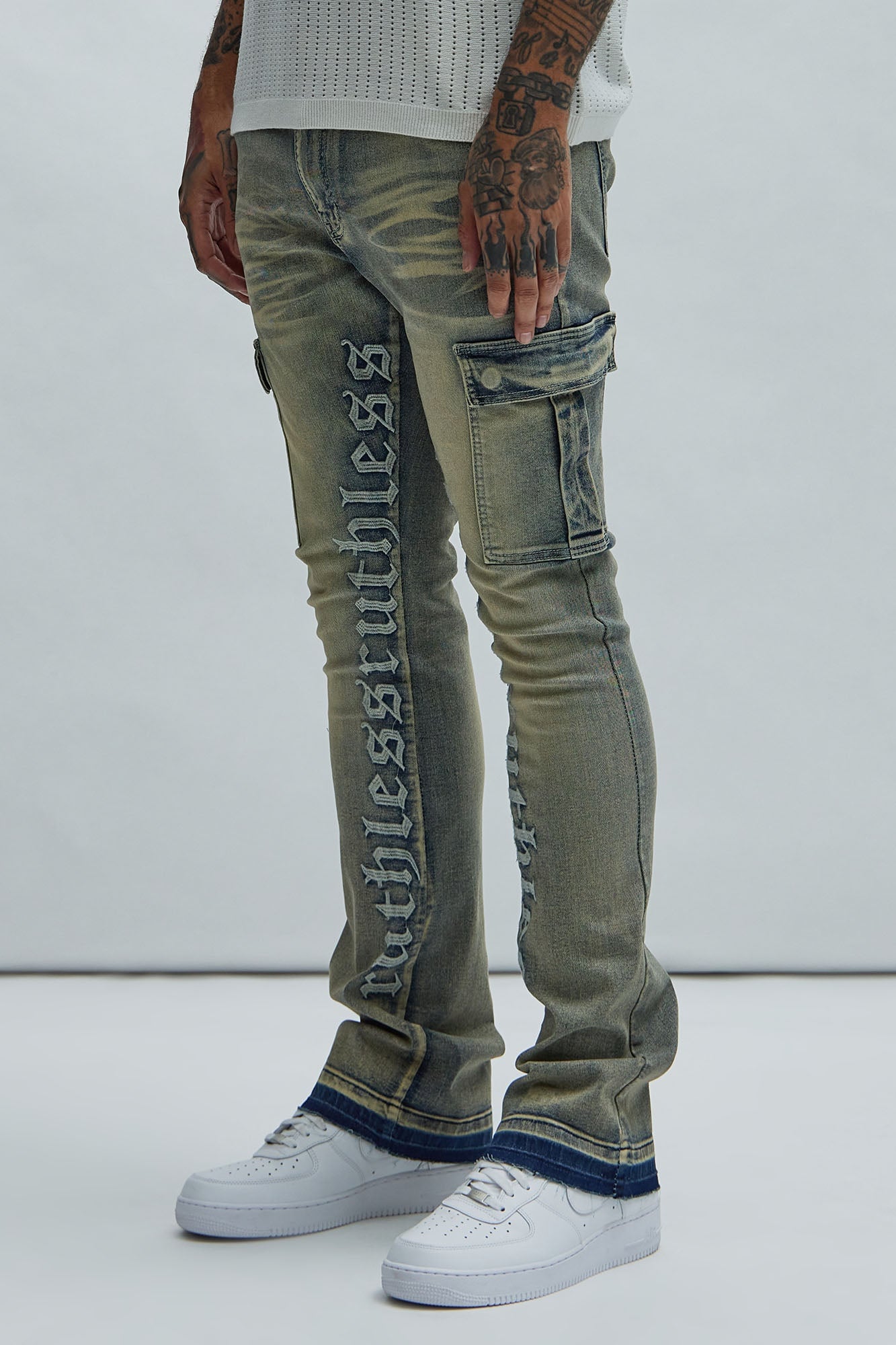 Ruthless Embroidered Stacked Skinny Cargo Flare Jeans - Medium Wash image 5