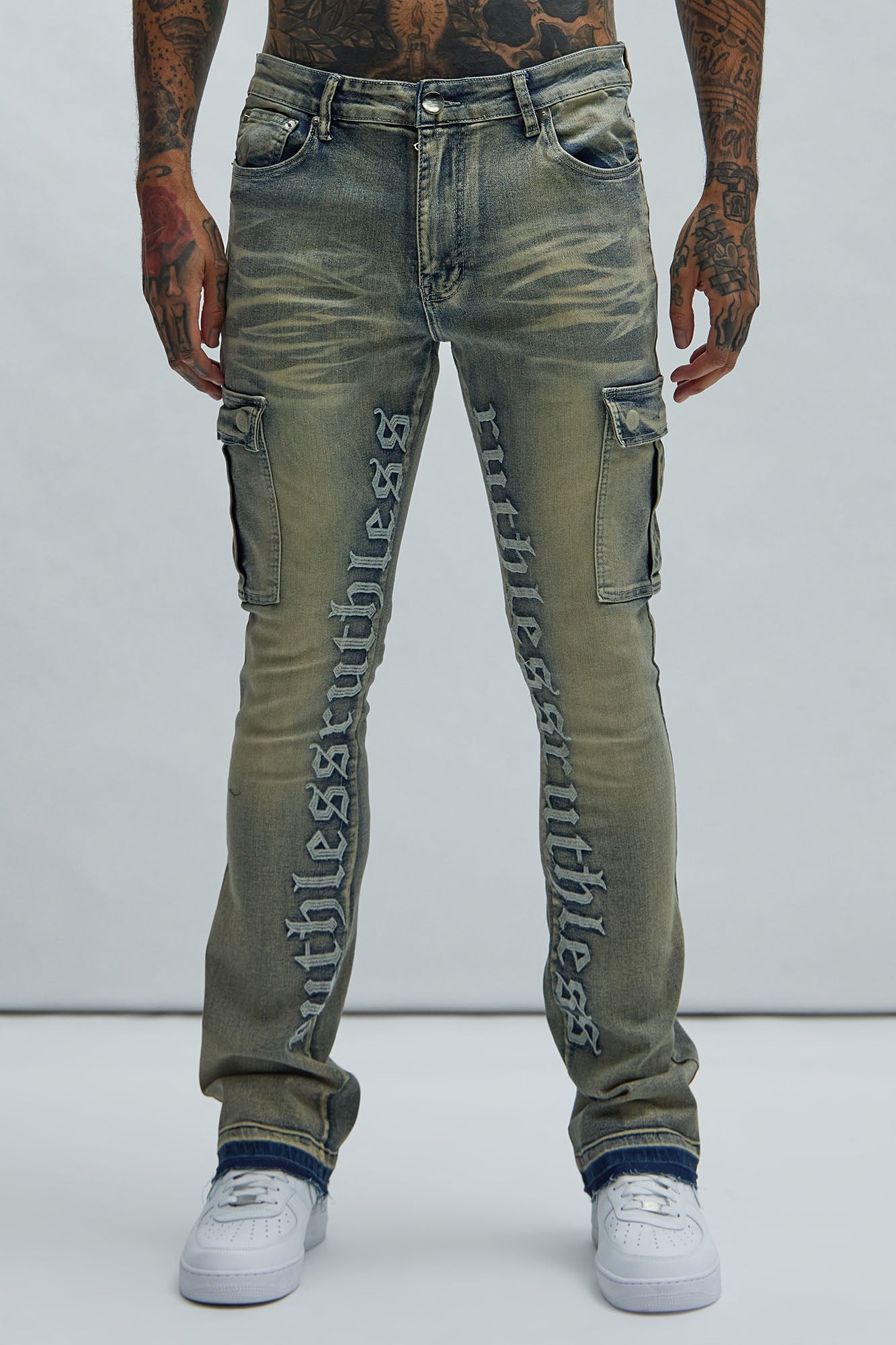 Ruthless Embroidered Stacked Skinny Cargo Flare Jeans - Medium Wash image 7