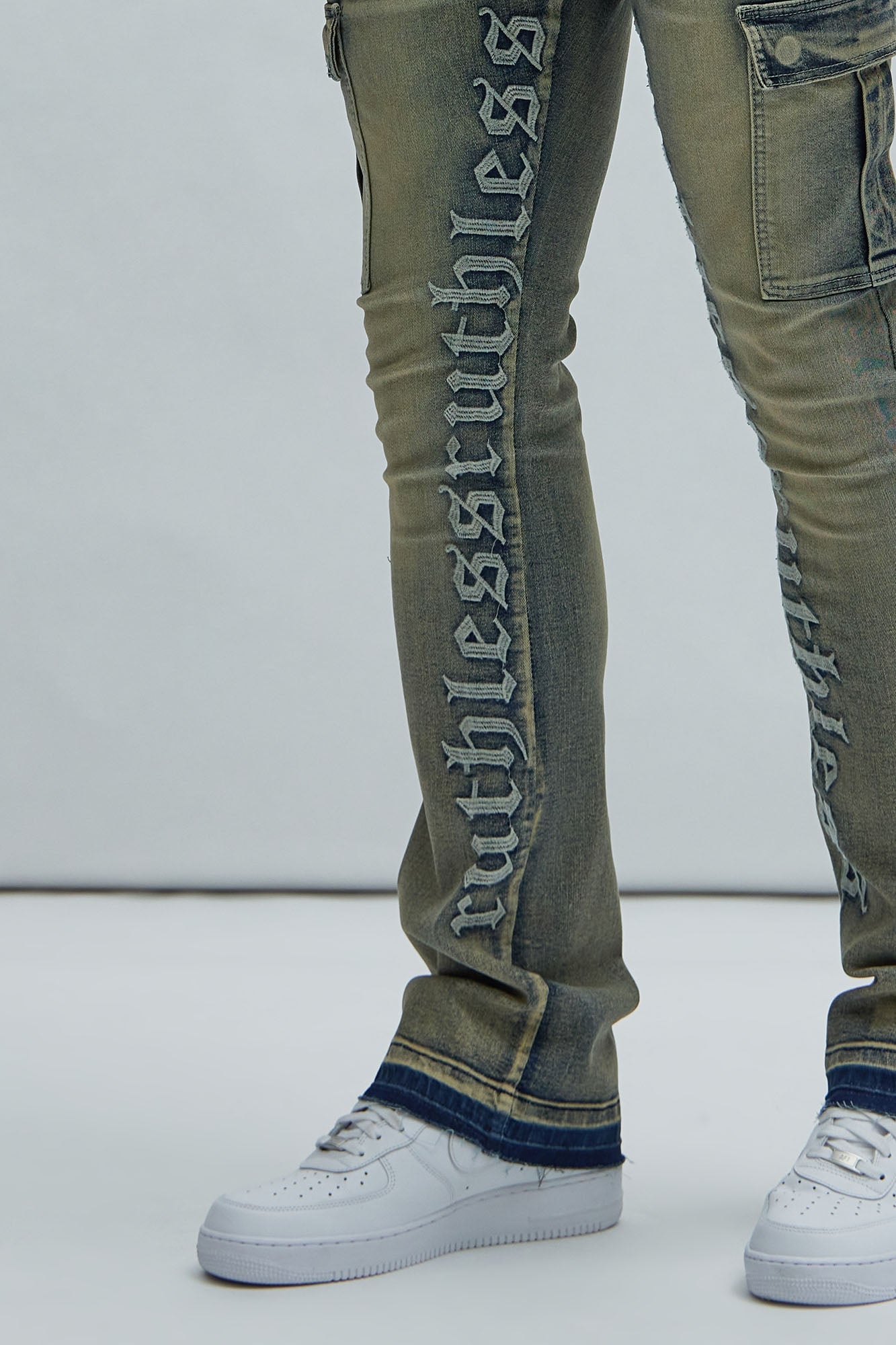 Ruthless Embroidered Stacked Skinny Cargo Flare Jeans - Medium Wash image 8