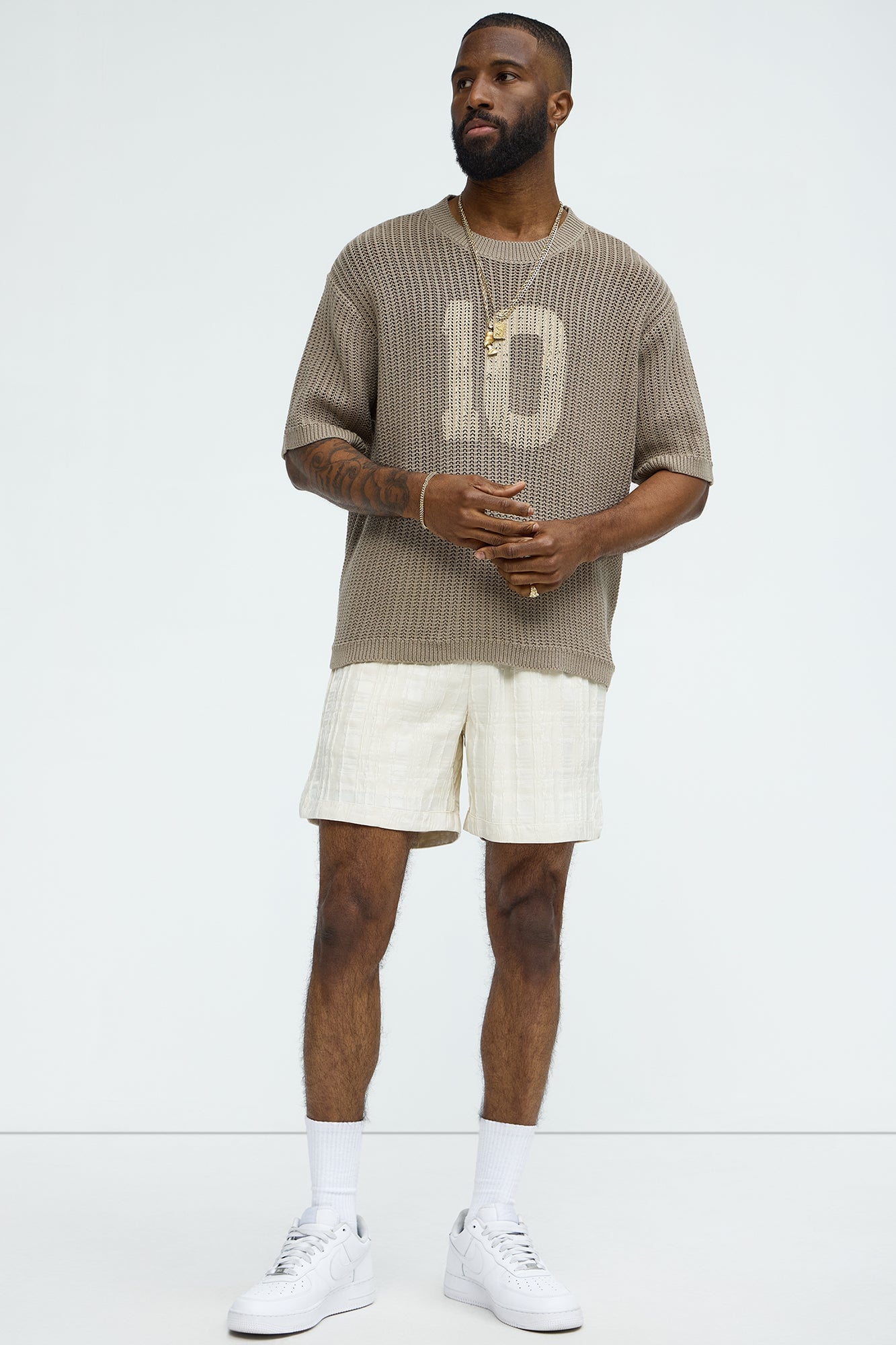 Printed Textured Knit Short Sleeve Tee - Brown image 6