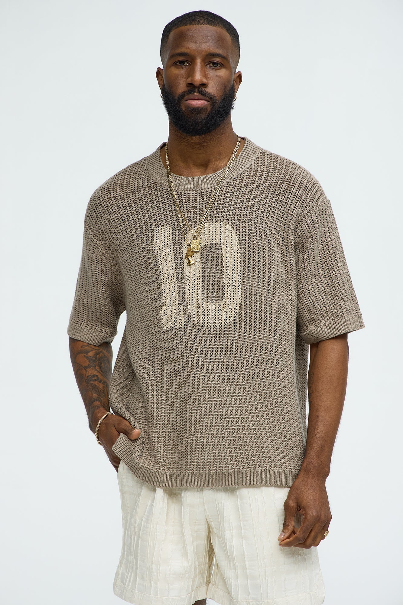 Printed Textured Knit Short Sleeve Tee - Brown image 5