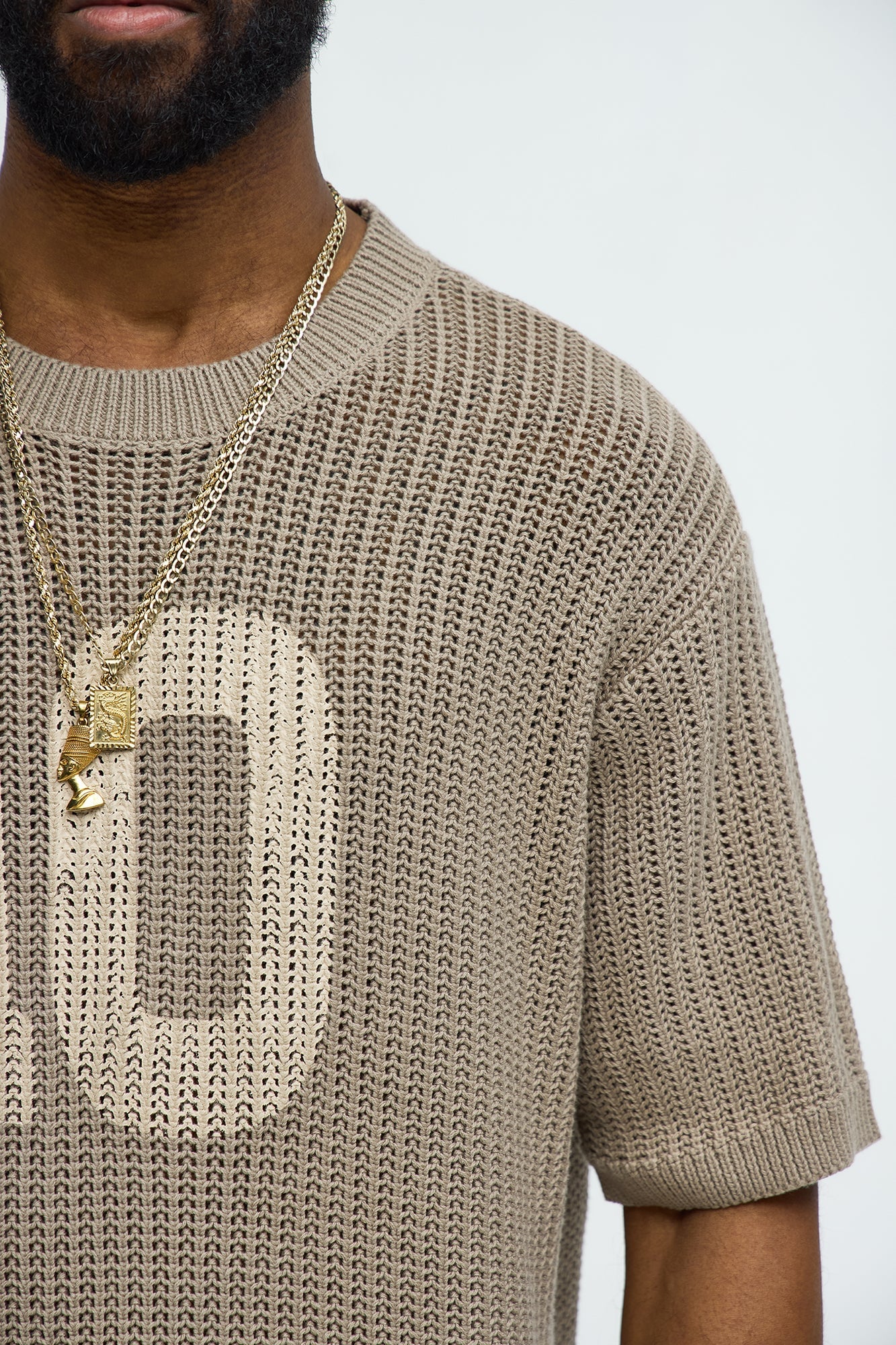 Printed Textured Knit Short Sleeve Tee - Brown image 7