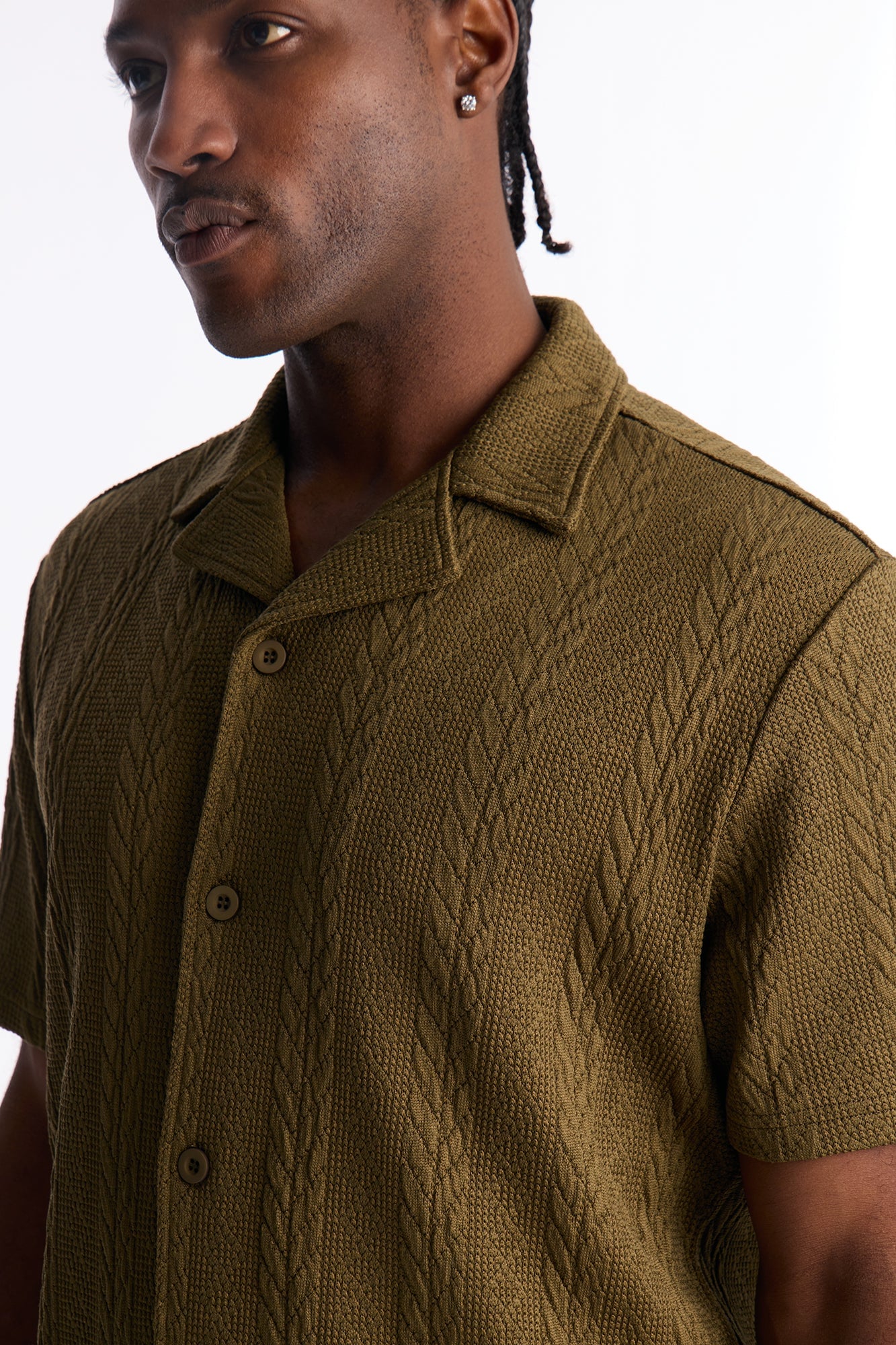 Textured Stripes Cuban Short Sleeve Button Up Shirt - Olive image 7