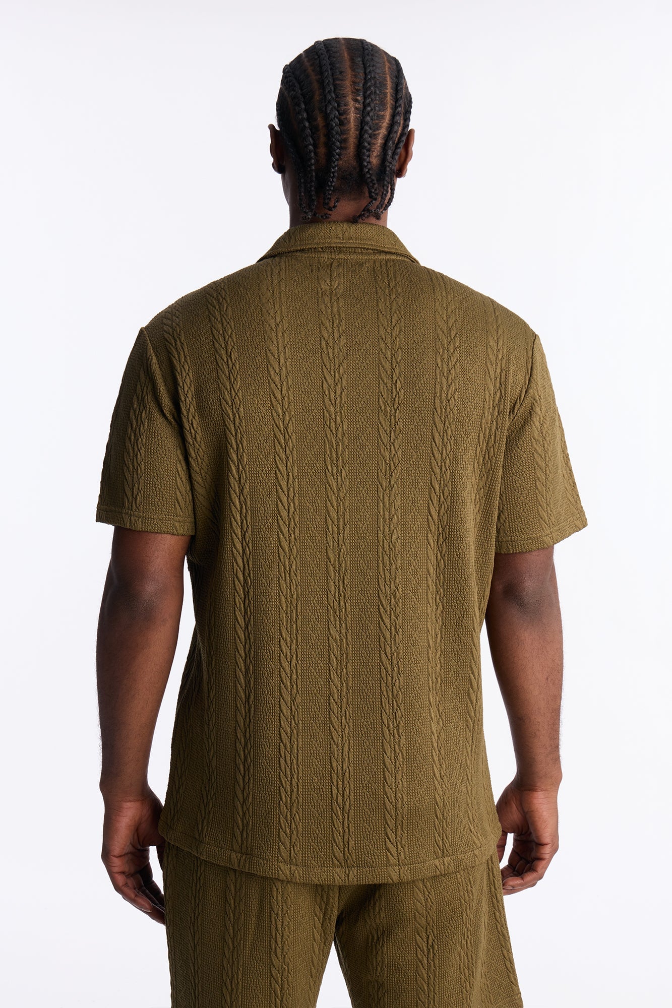 Textured Stripes Cuban Short Sleeve Button Up Shirt - Olive image 8
