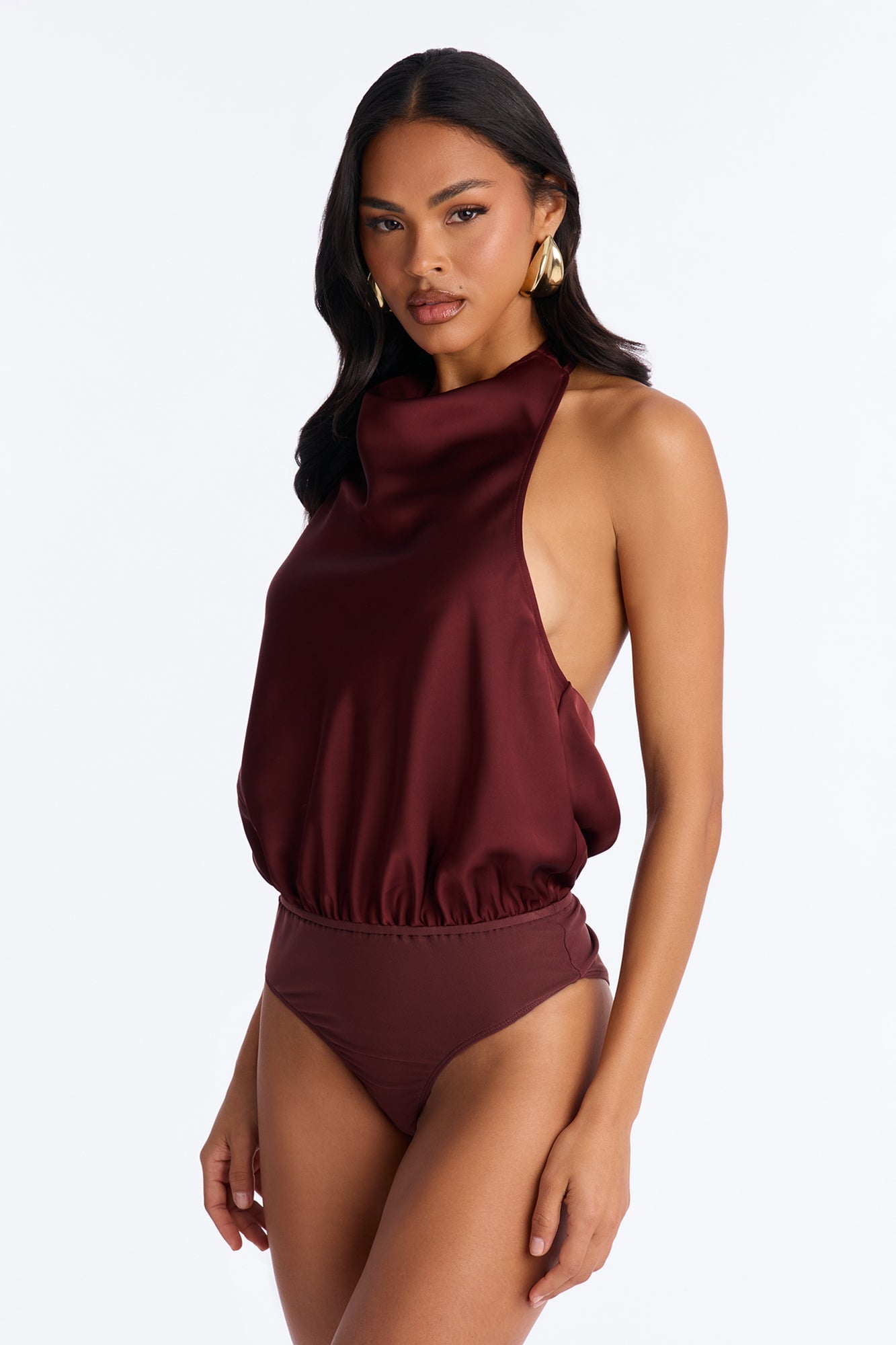 Isabelle Satin Halter Bodysuit 3 Piece Pant Set - Brown image 8