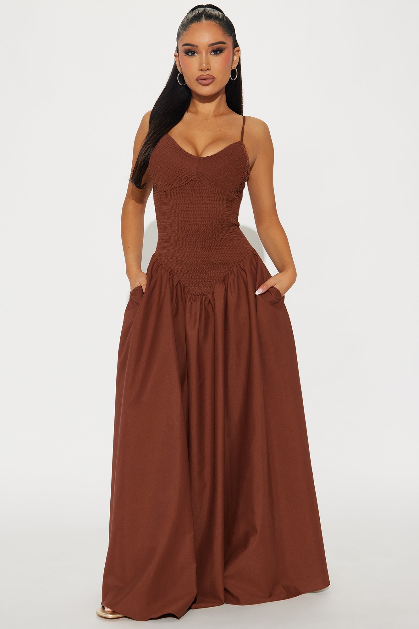 Lily Smocked Drop Waist Maxi Dress - Brown image 4