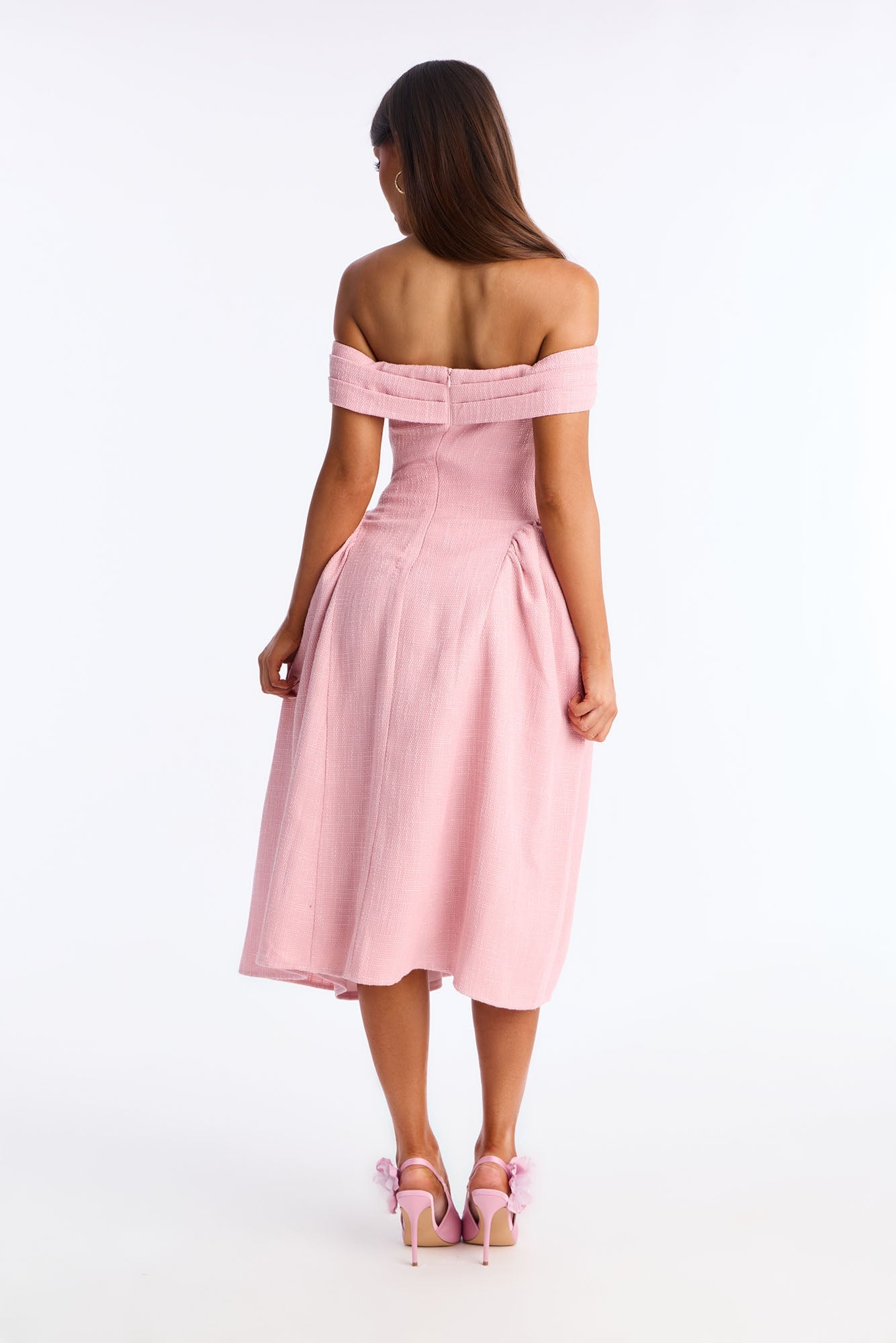 Paisley Off Shoulder Tweed Midi Dress - Pink image 6