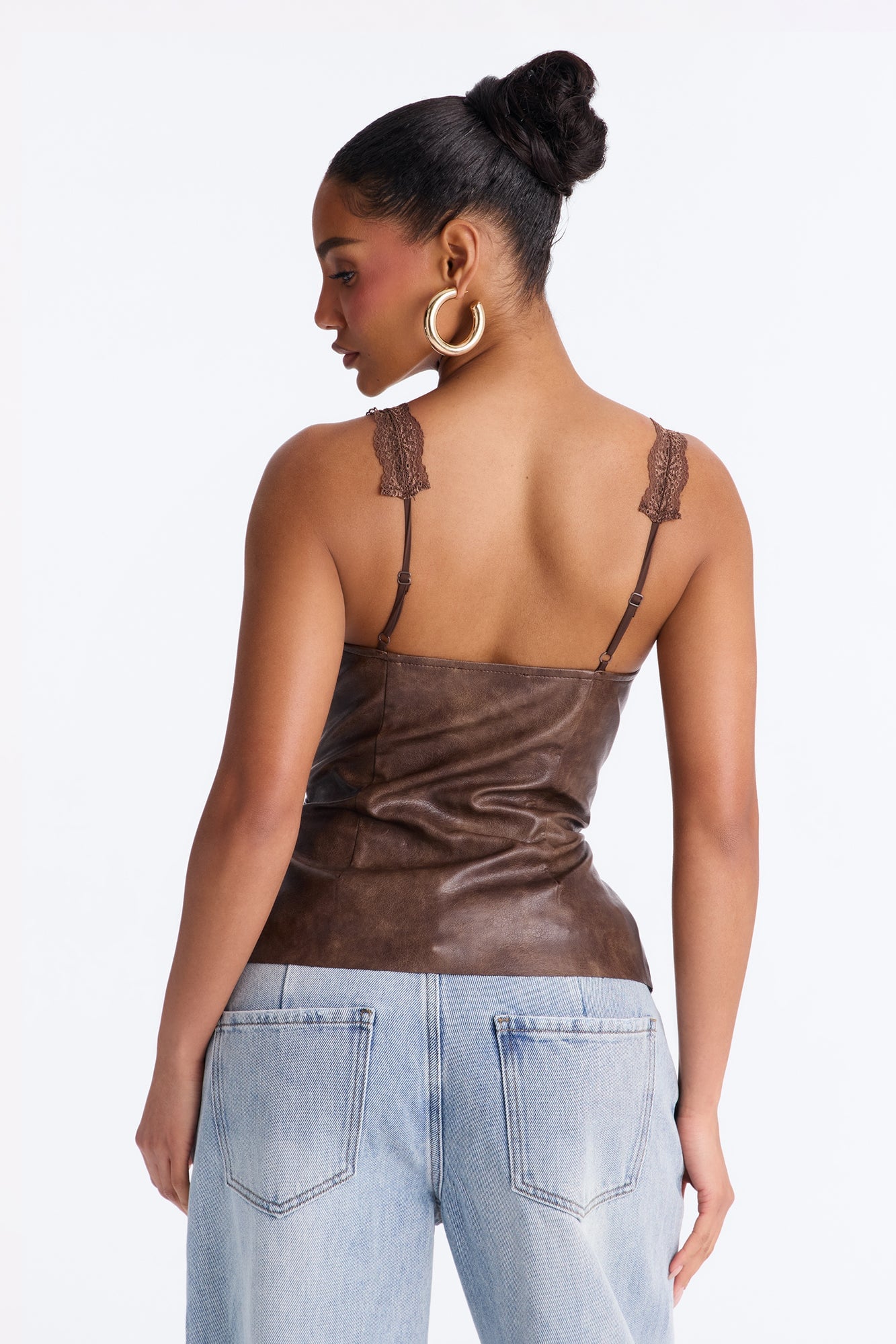 Nowhere To Go Lace Up Faux Leather Top - Brown image 8