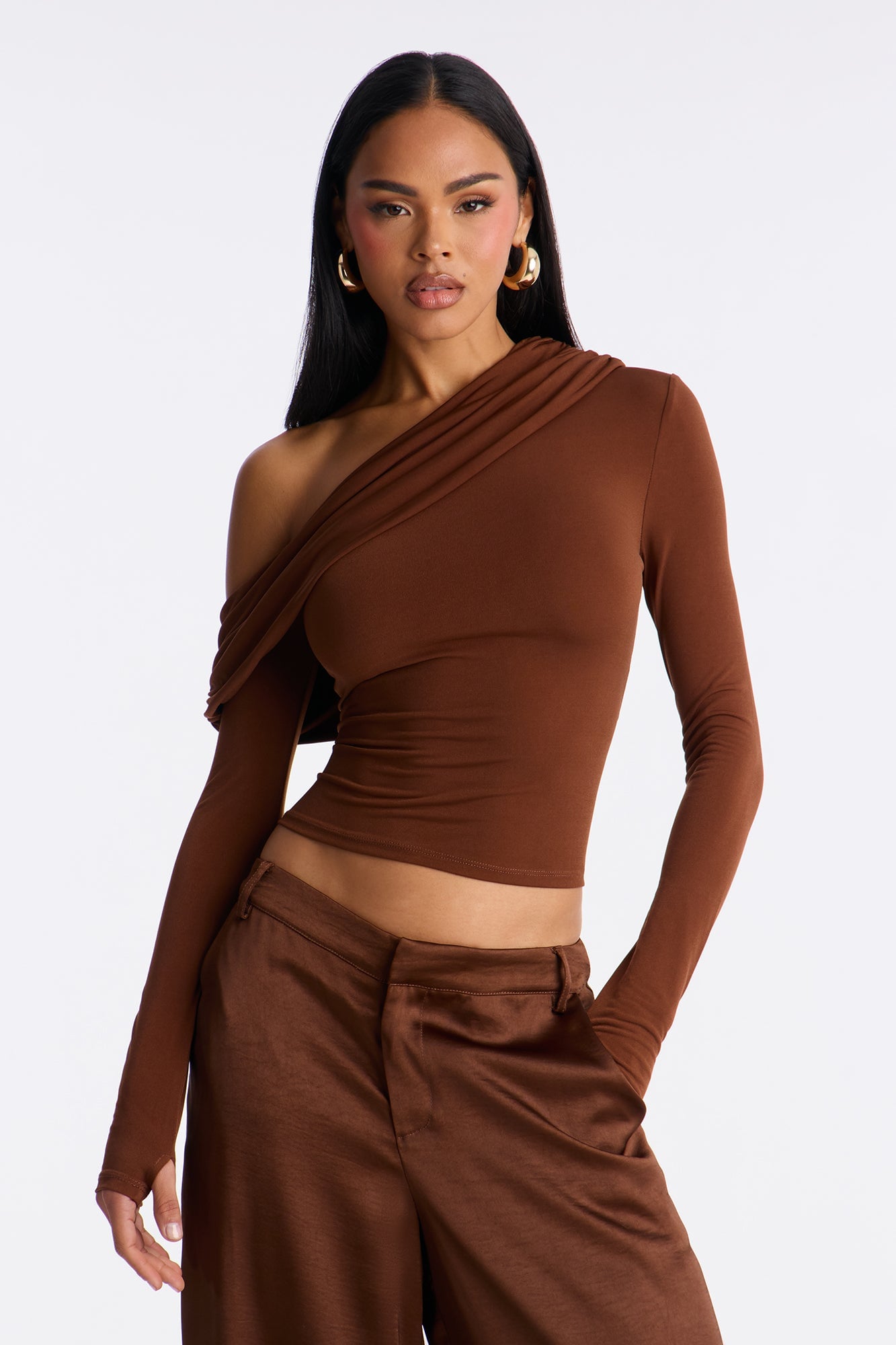 Subtle Sway Jersey One Shoulder Top - Brown image 5