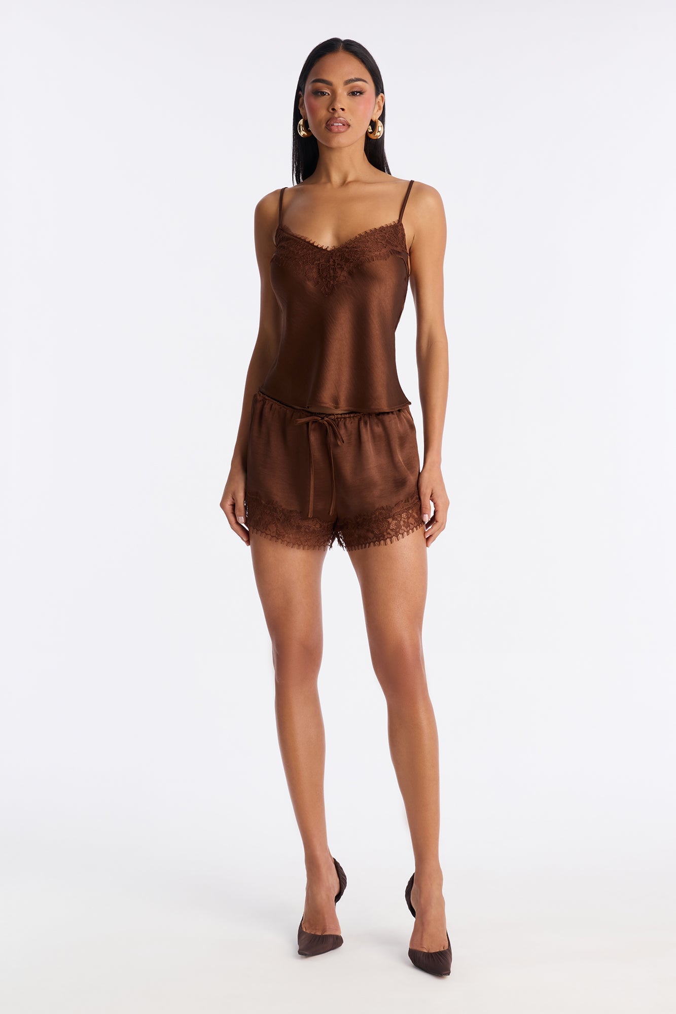 Romance Me Satin Lace Trim Short - Brown image 5