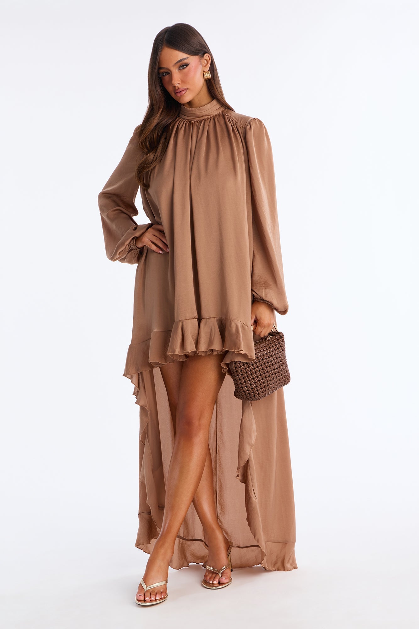 Giselle Long Sleeve Flowy Mini Dress - Mocha image 4