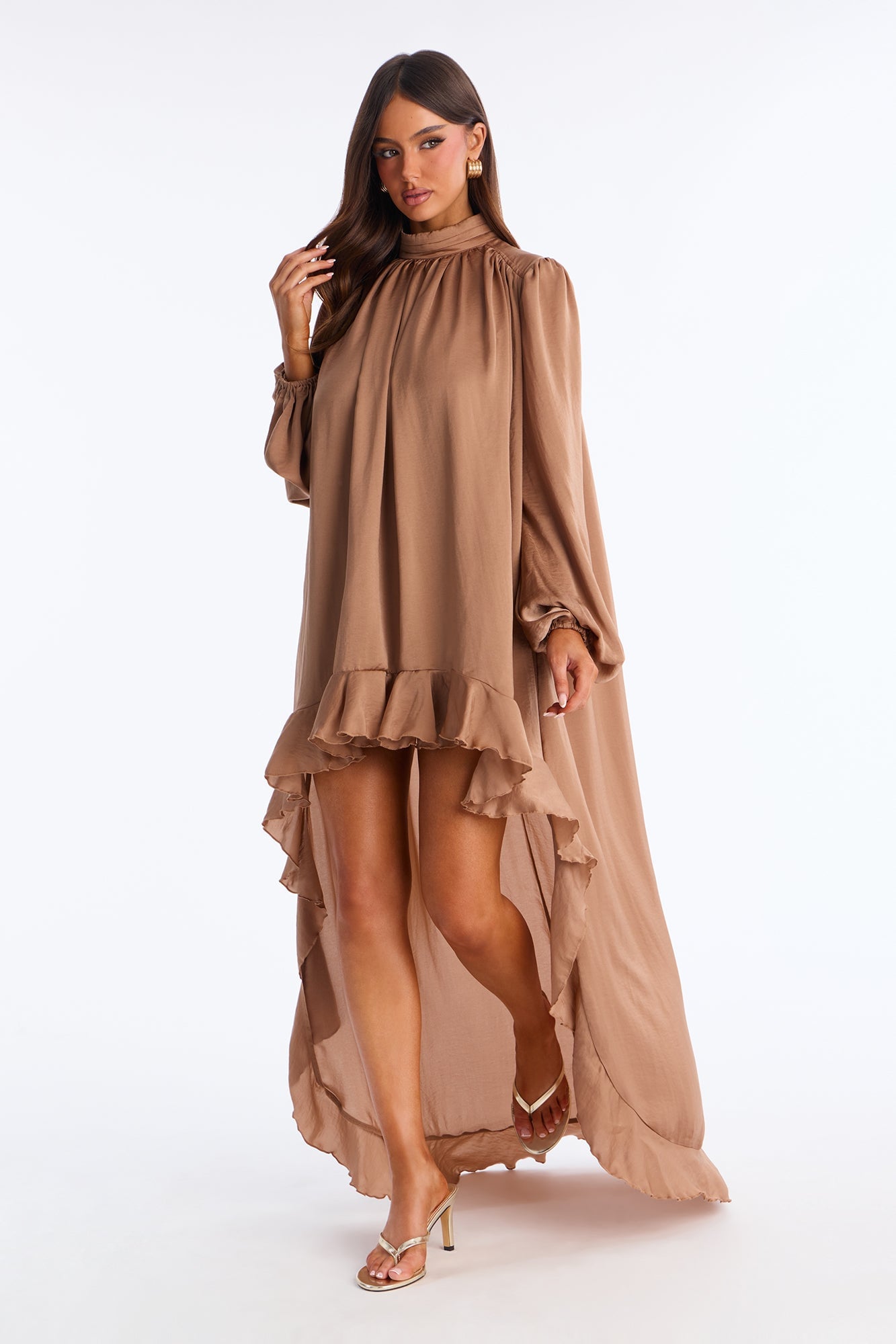 Giselle Long Sleeve Flowy Mini Dress - Mocha image 6