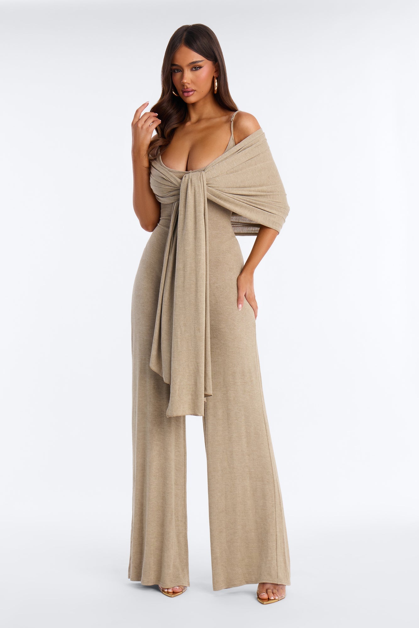 Harlowe 2 Piece Knit Wrap Jumpsuit Set - Olive image 5