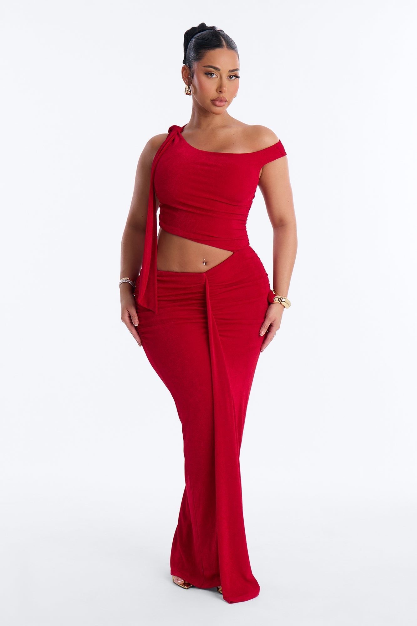 Josie Ruched Slinky Maxi Dress - Red image 2