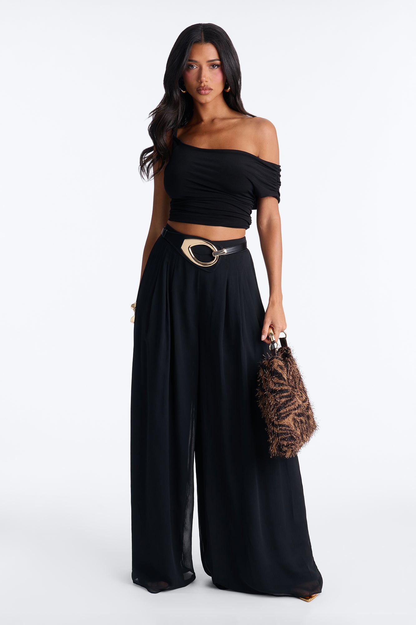 Flowy Layered Chiffon Wide Leg Pant 33″ - Black image 4