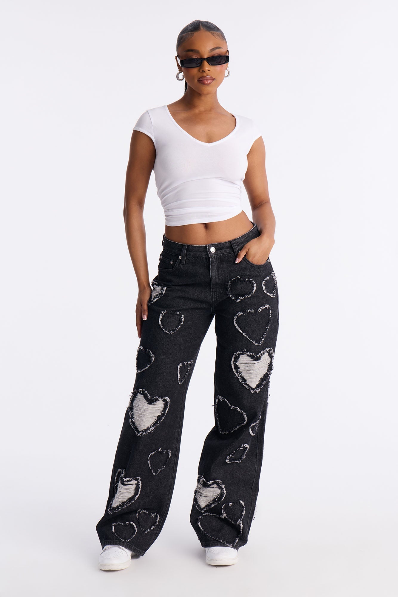 Hearted You Patchwork Wide Leg Jeans - Black Wash image 1