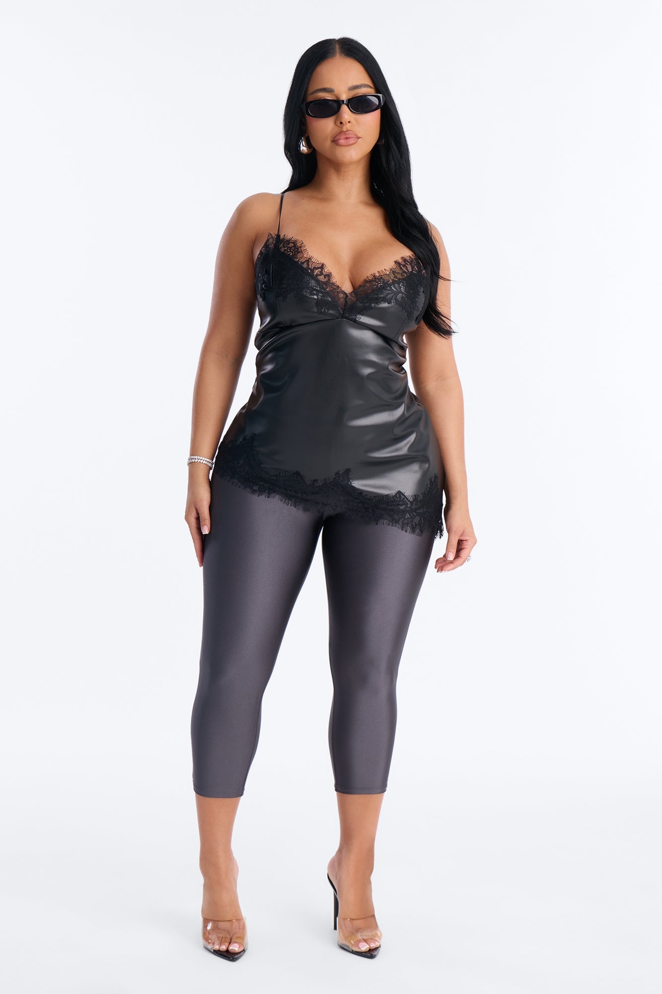 Late Nights Lace Trim Faux Leather Top - Black image 6