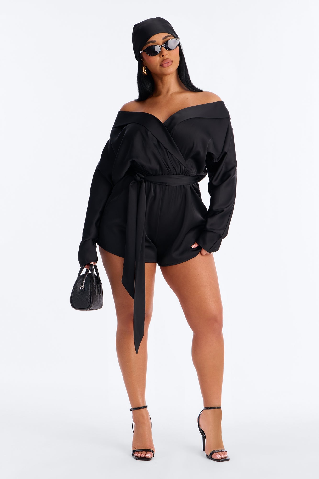 Gelina Satin Romper And Headscarf 2 Piece Set - Black image 5