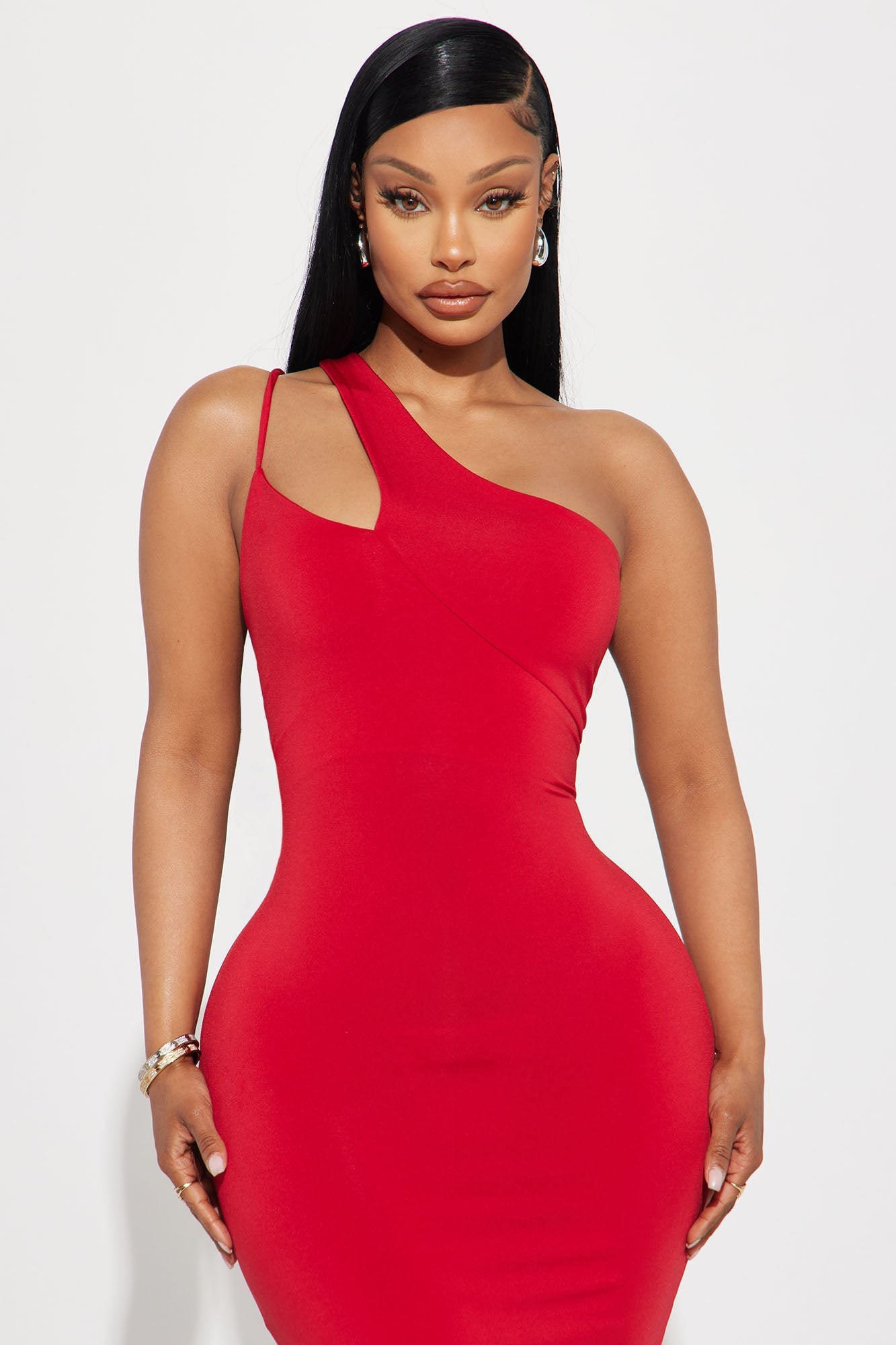 One Shoulder Midi Dress - Red image 5