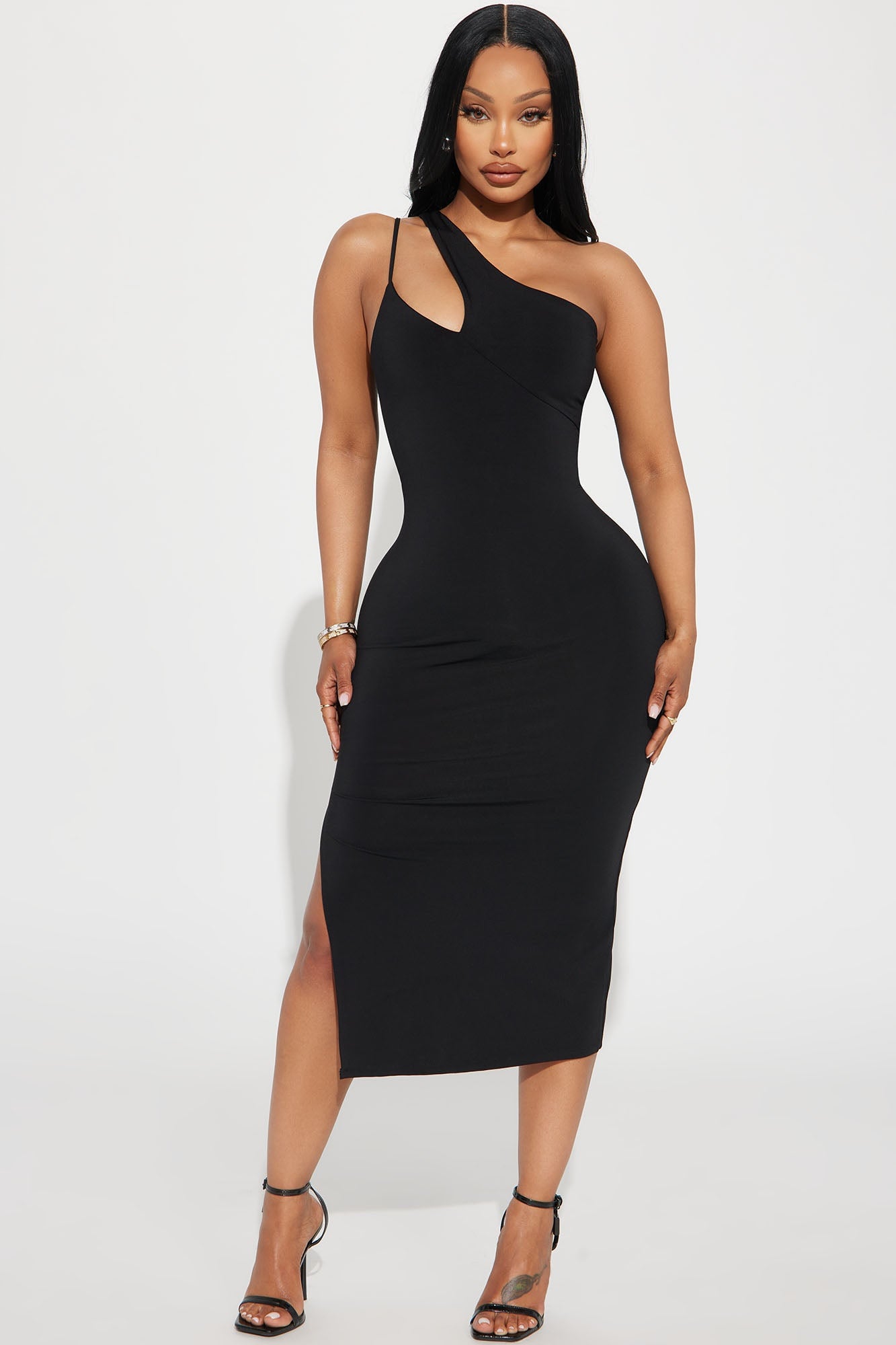 One Shoulder Midi Dress - Black image 4