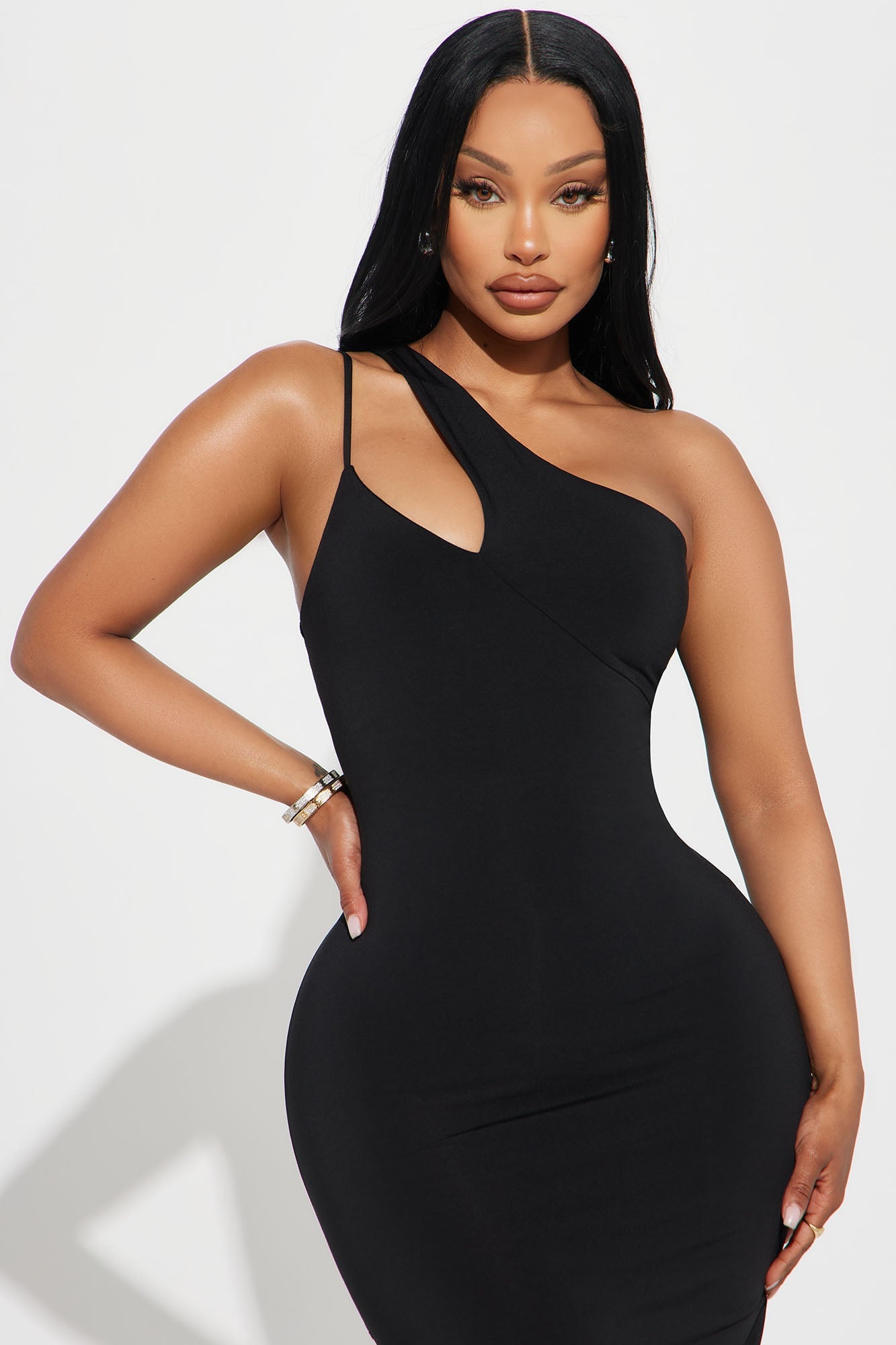 One Shoulder Midi Dress - Black image 5