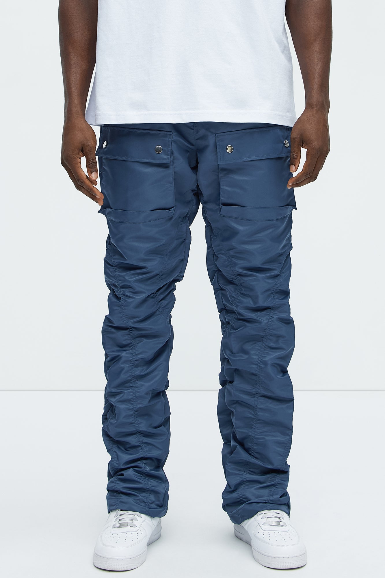 Scrunched Flared Nylon Cargo Pants - Blue image 6