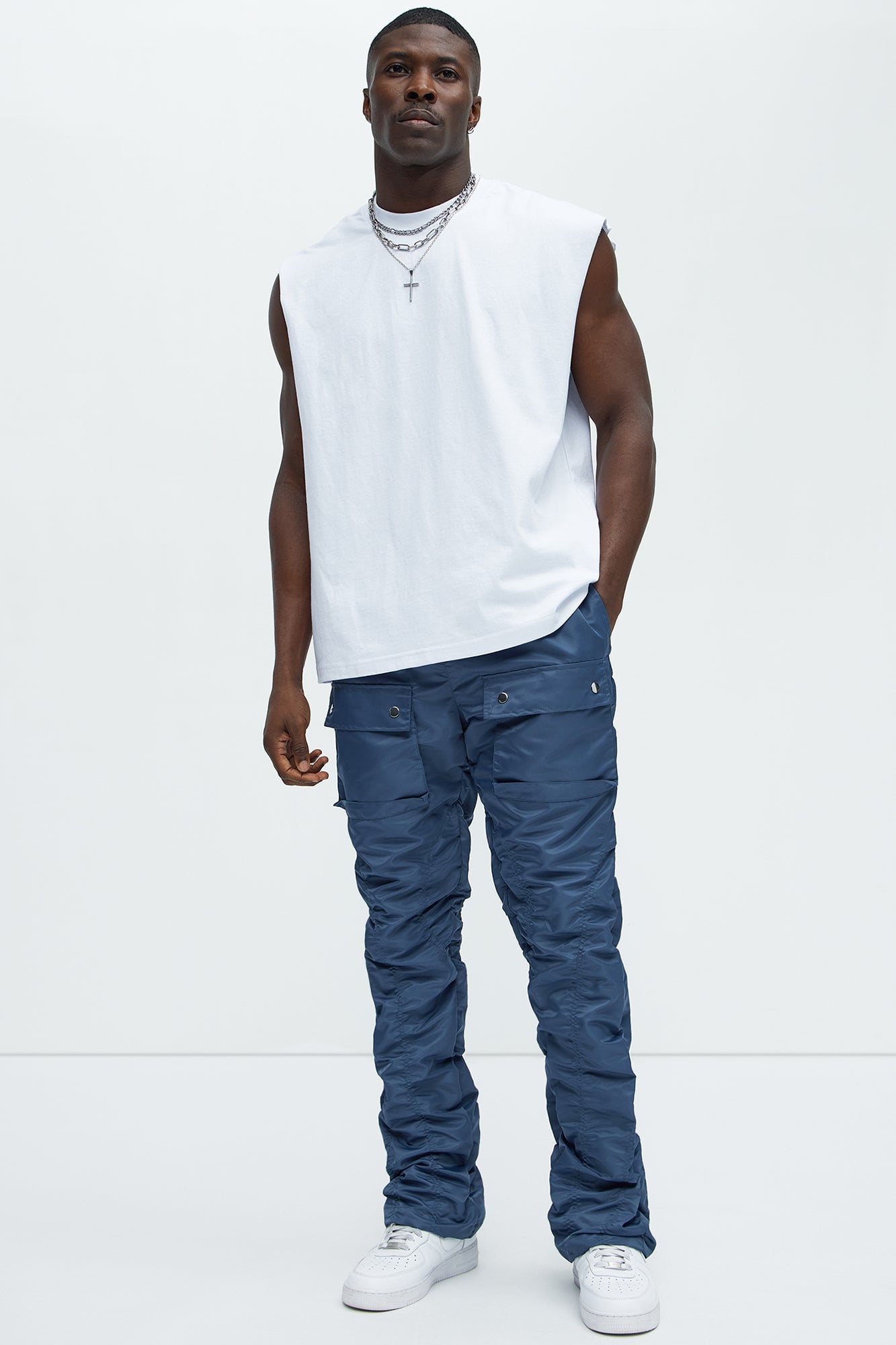Scrunched Flared Nylon Cargo Pants - Blue image 7