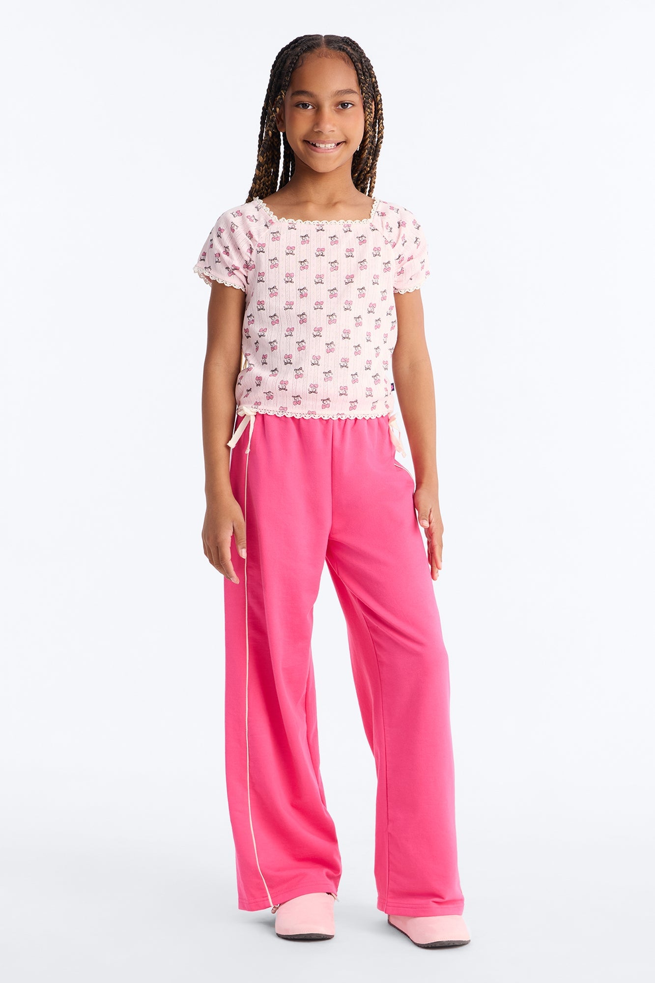 Mini Cherry Sweet Girl Wide Leg Pant Set - Pink image 1