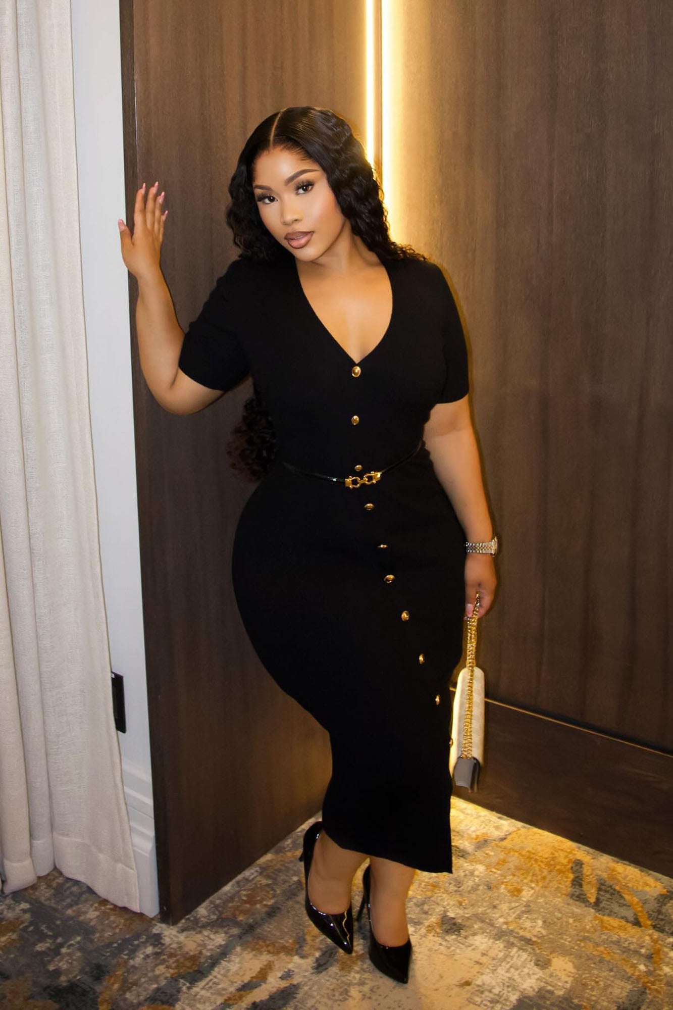 Kaia Belted Ribbed Midi Dress - Black image 7
