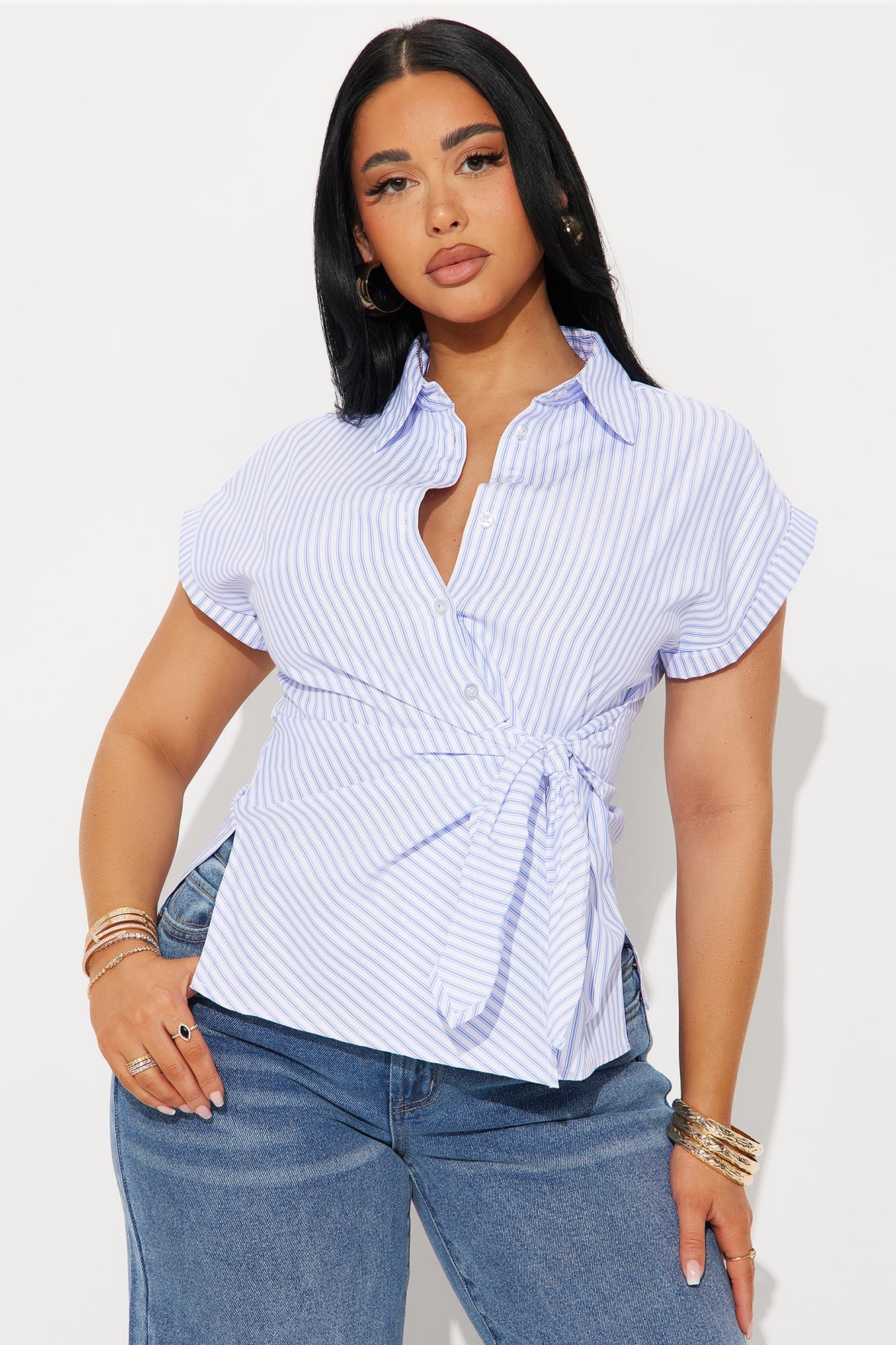 Here For The Vibes Striped Poplin Shirt - Blue image 5