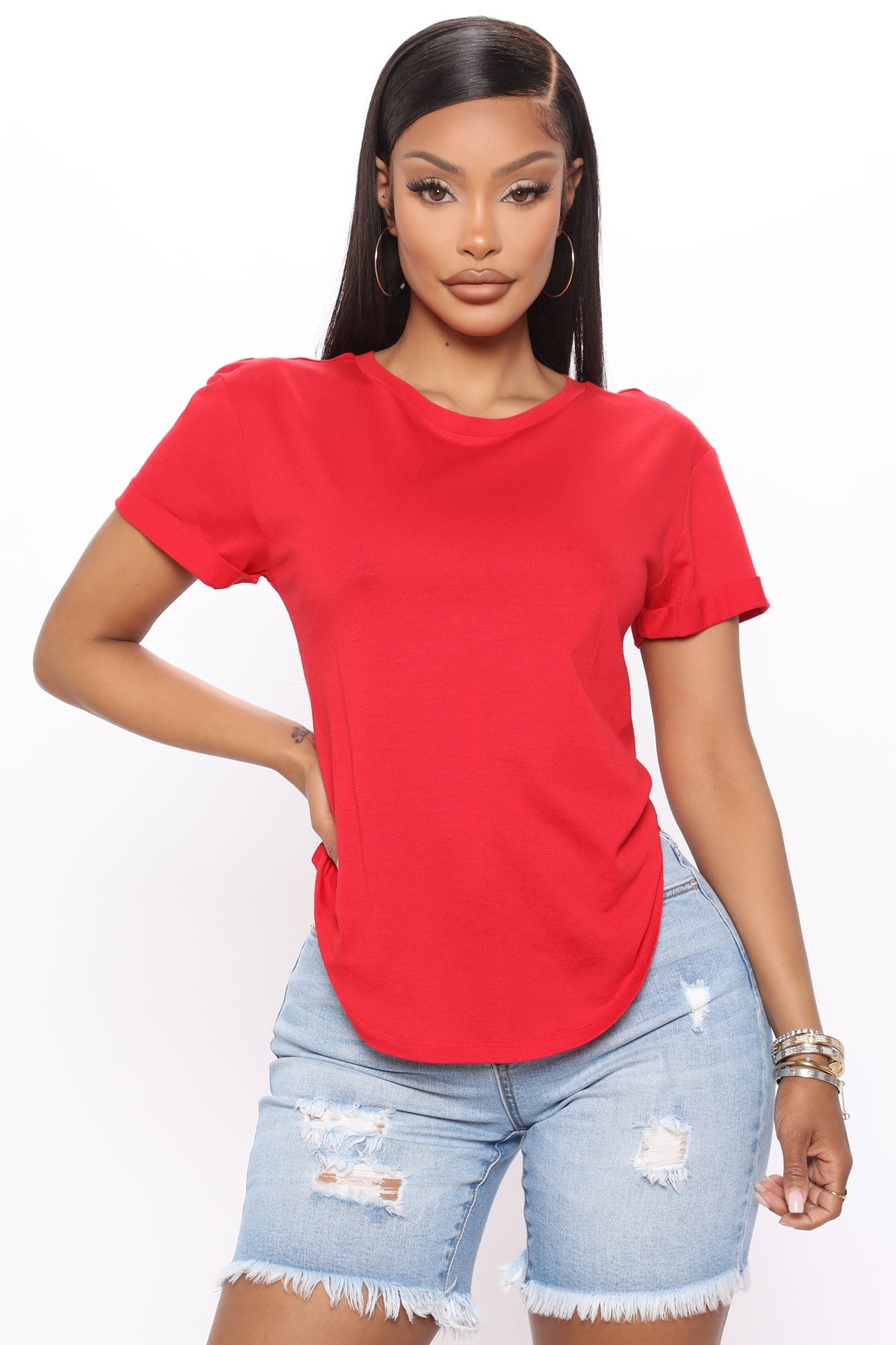 Annie Cuffed Short Sleeve Top - Red image 4
