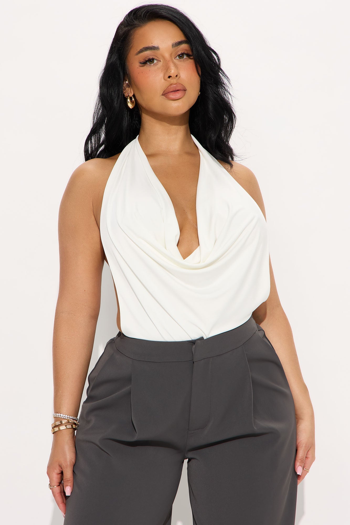 Moving Independent Cowl Neck Halter Bodysuit - White image 3