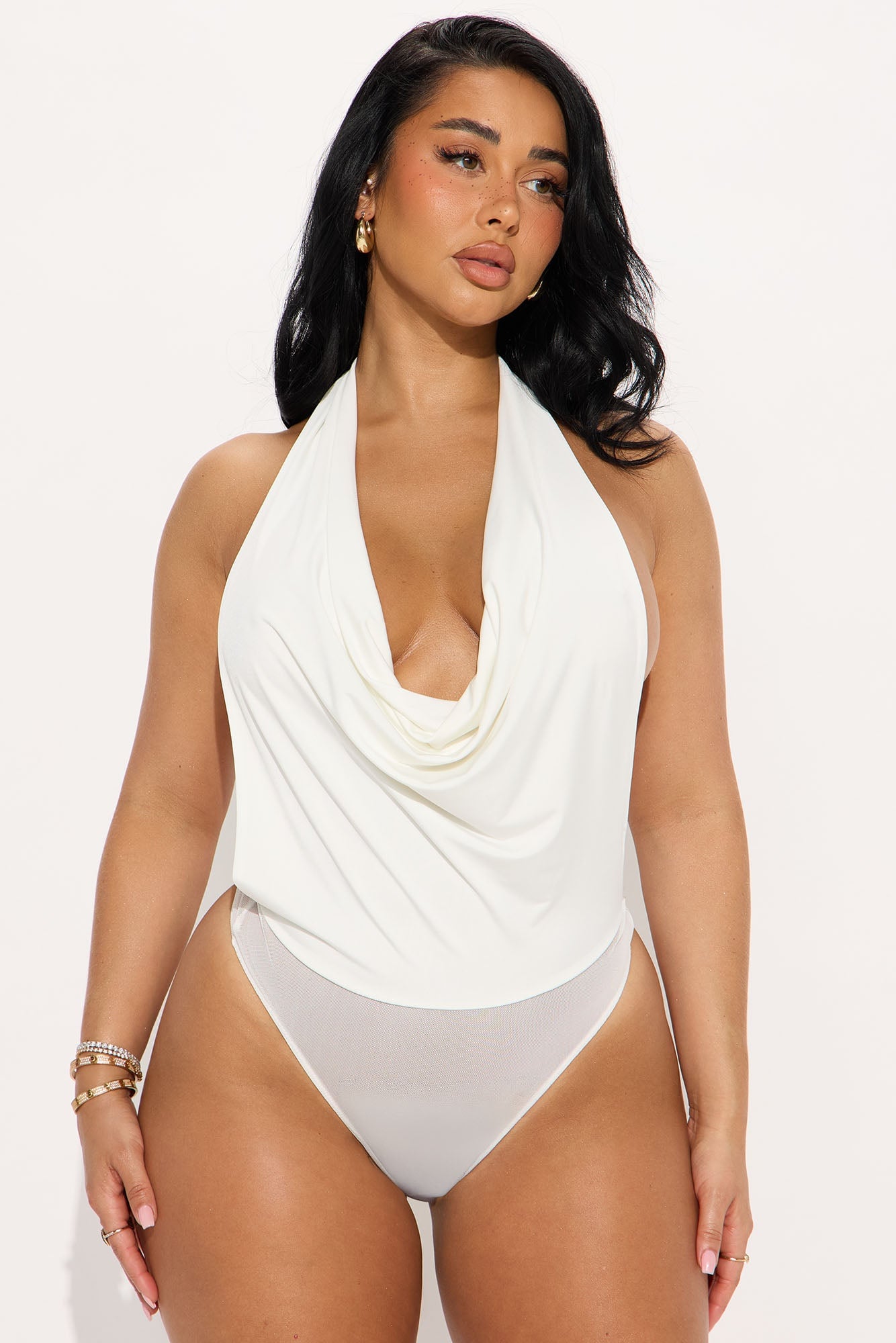 Moving Independent Cowl Neck Halter Bodysuit - White image 1
