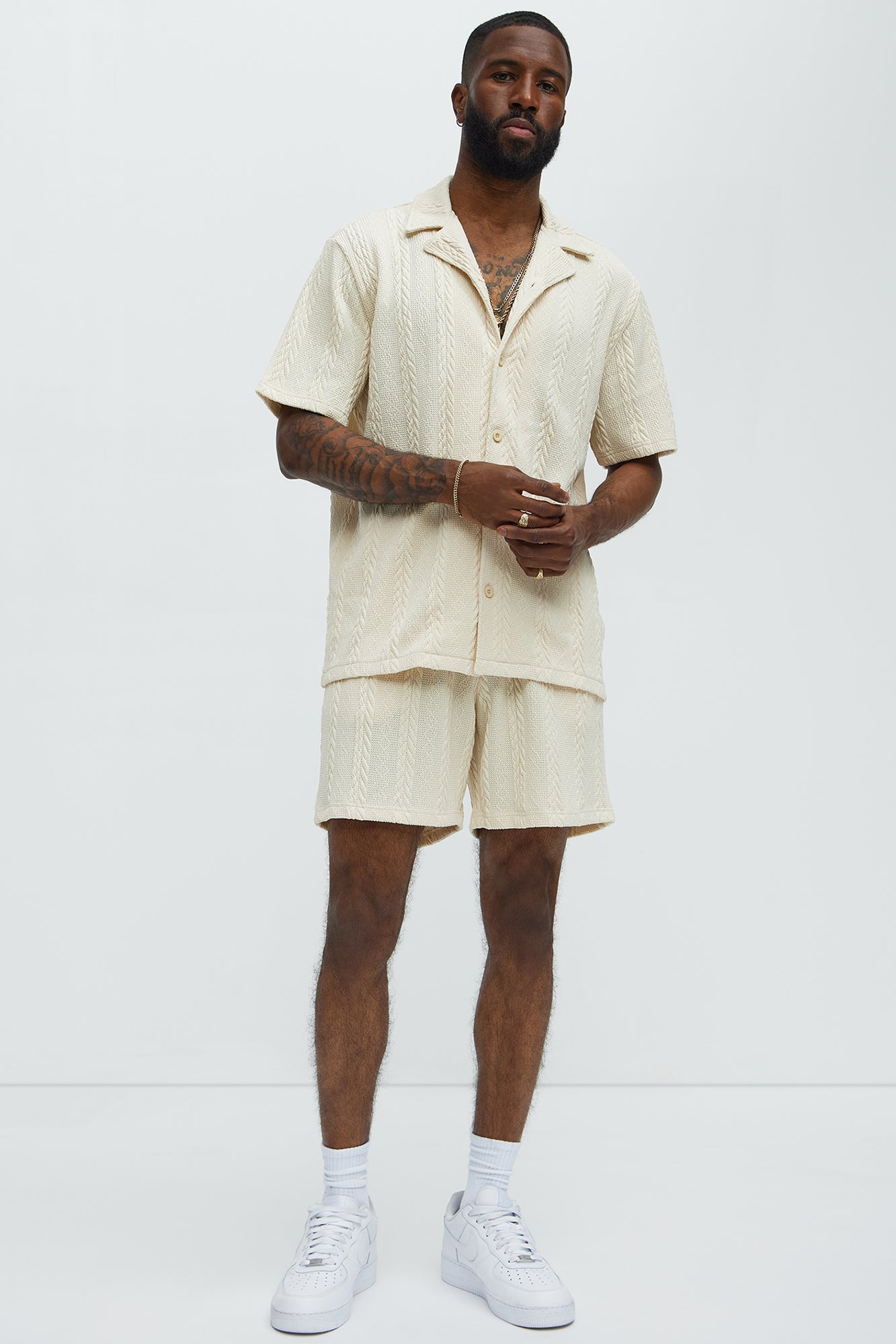 Textured Stripes Relaxed Drawstring Shorts - Cream image 6